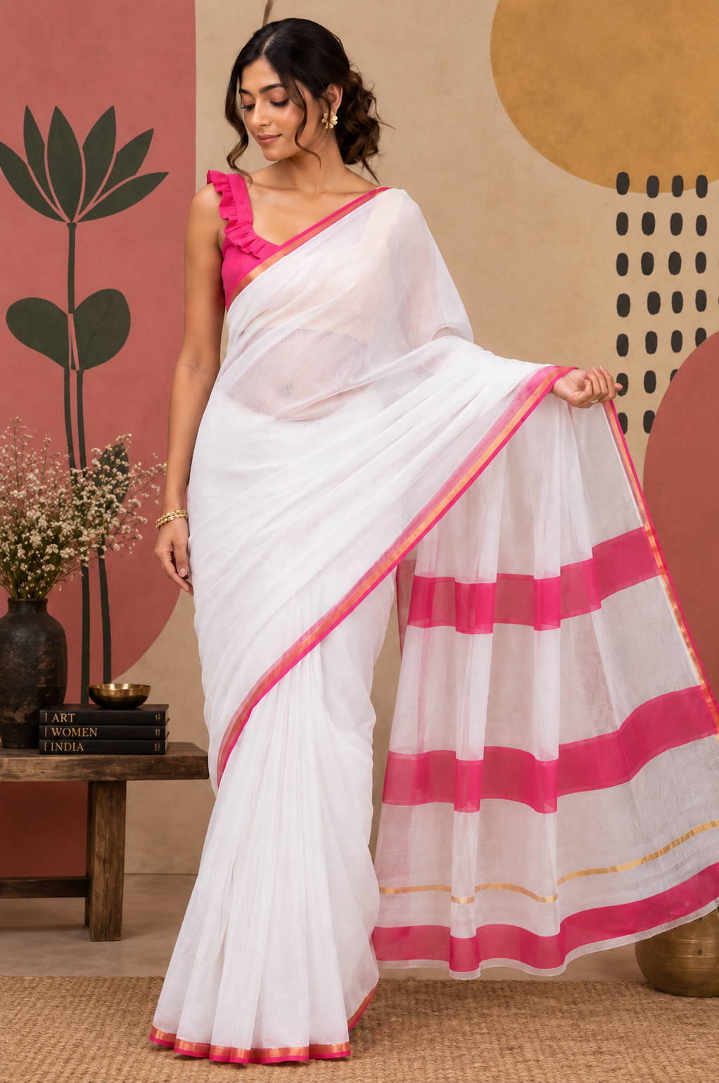 Full-length shot of a model wearing the Aheli Linen ready-to-wear pocket saree in white with broad horizontal pink pallu bands, subtle gold line accents, and a narrow pink-and-gold border.