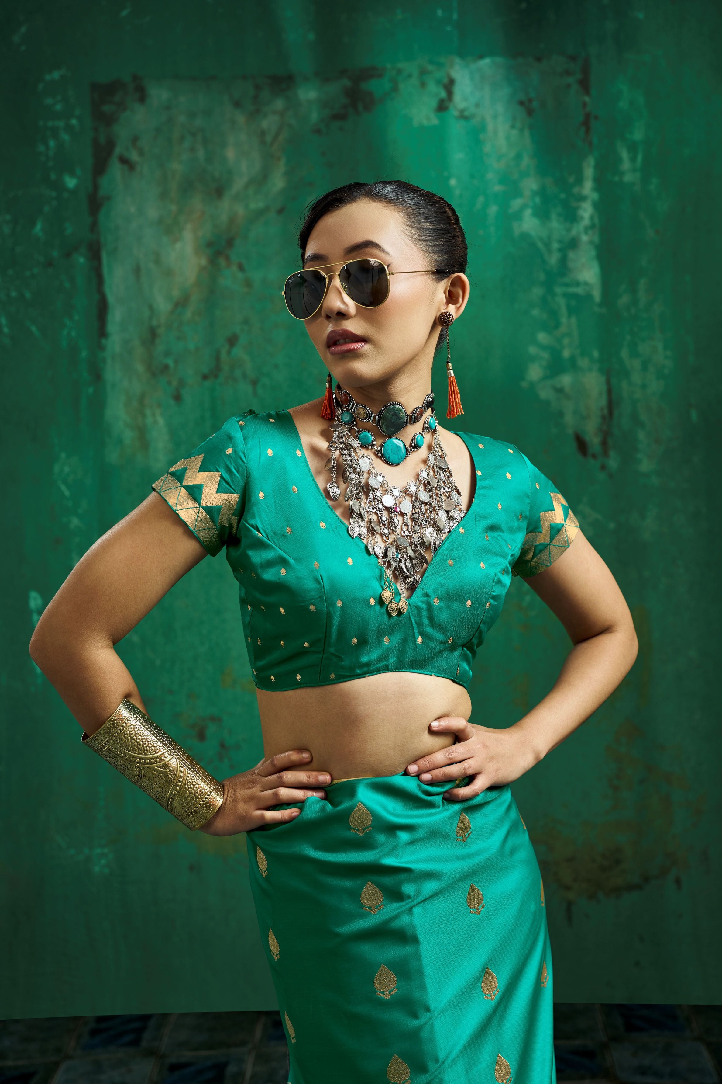 Satin Luxe (Teal Green) Ready To Wear Pocket Saree