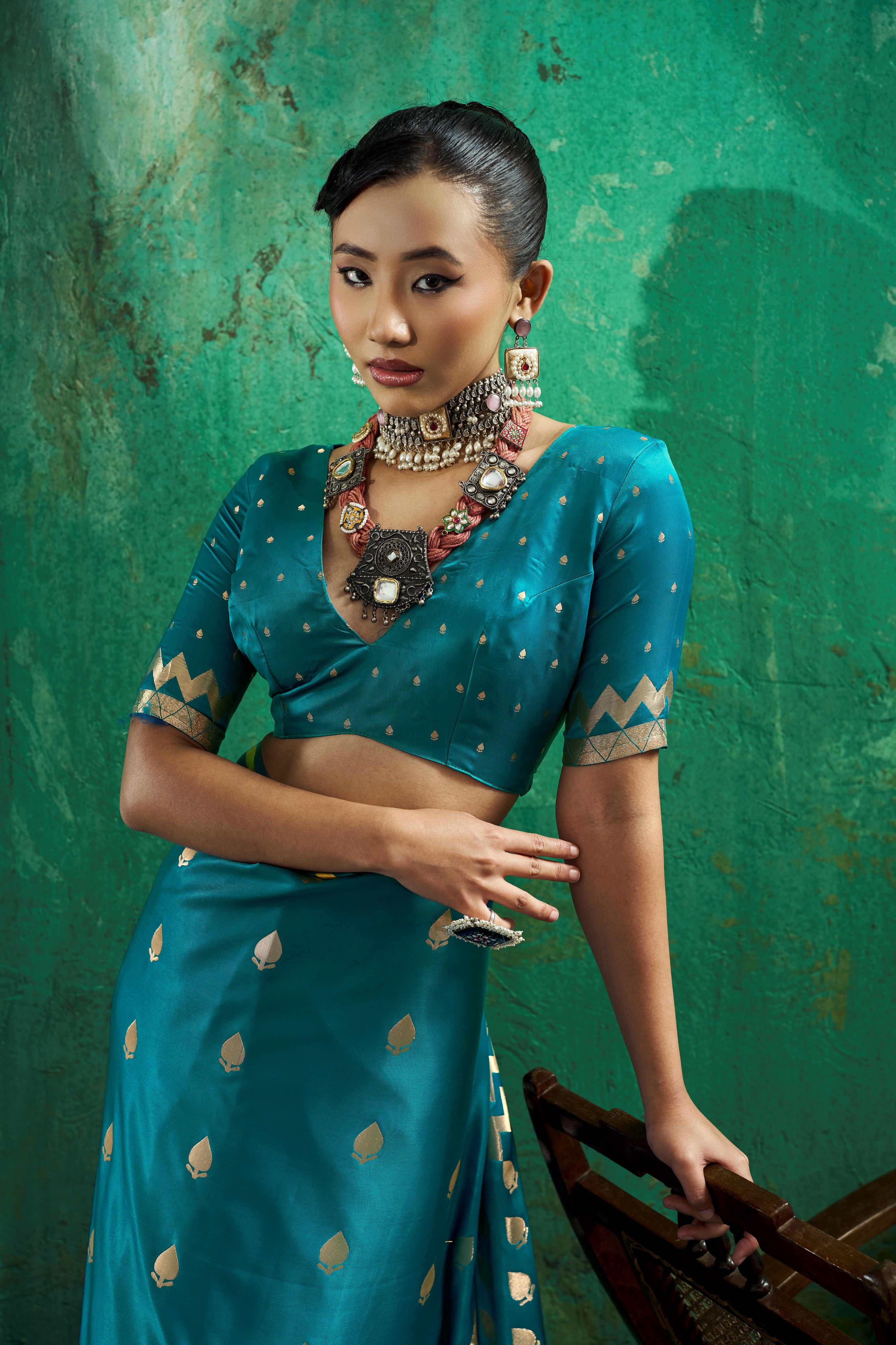 Satin Luxe (Teal Blue) Ready To Wear Pocket Saree