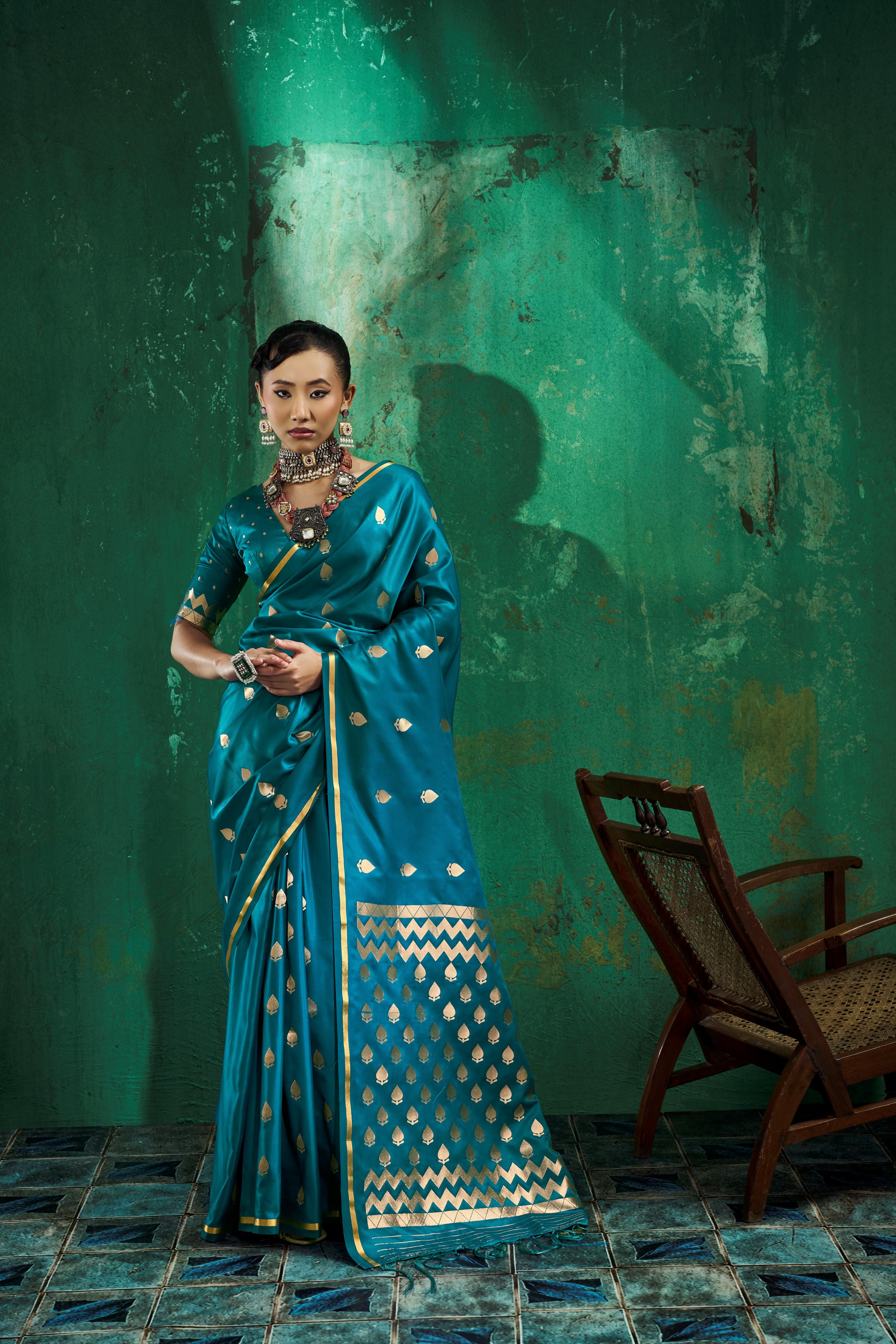 Satin Luxe (Teal Blue) Ready To Wear Pocket Saree
