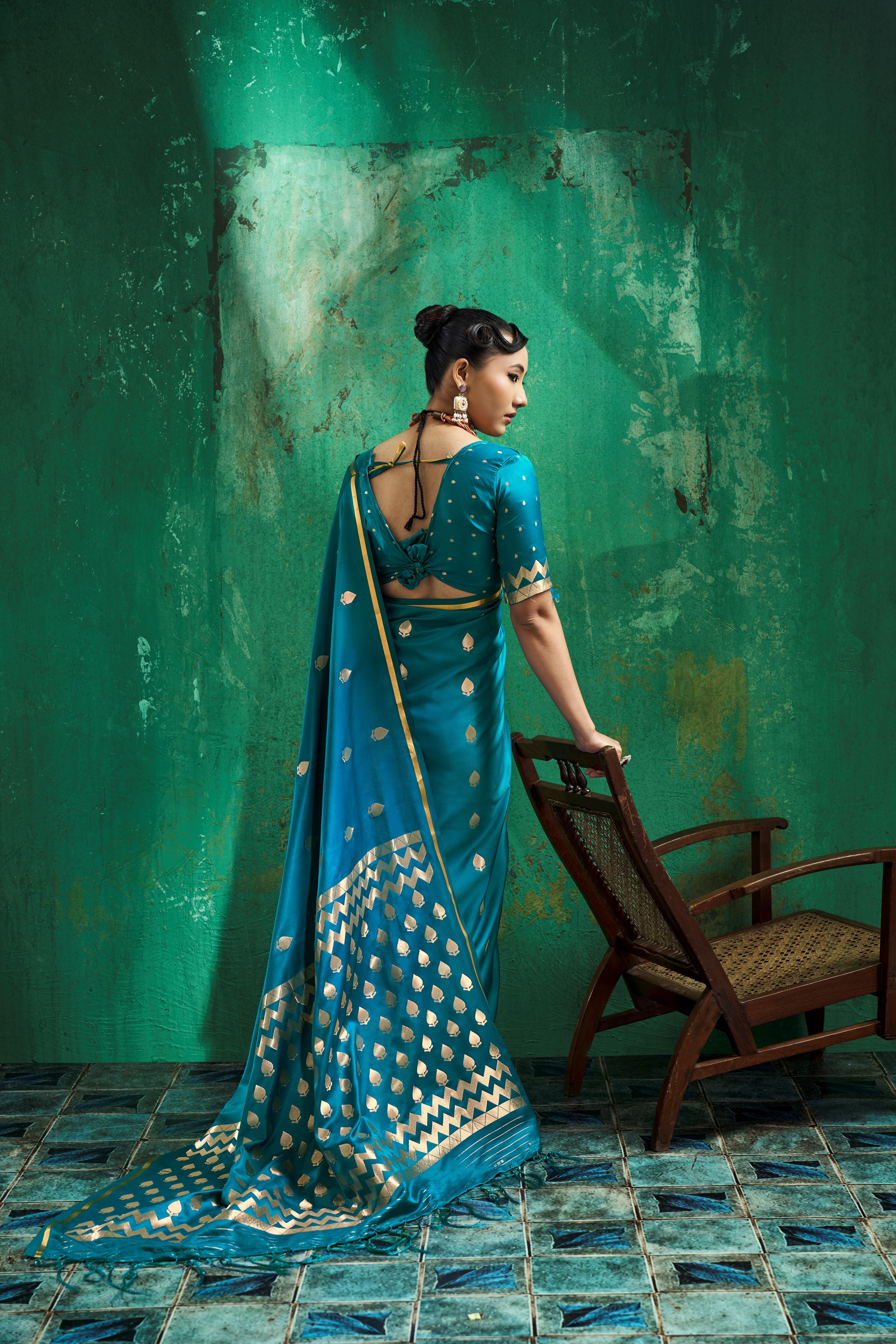 Satin Luxe (Teal Blue) Ready To Wear Pocket Saree