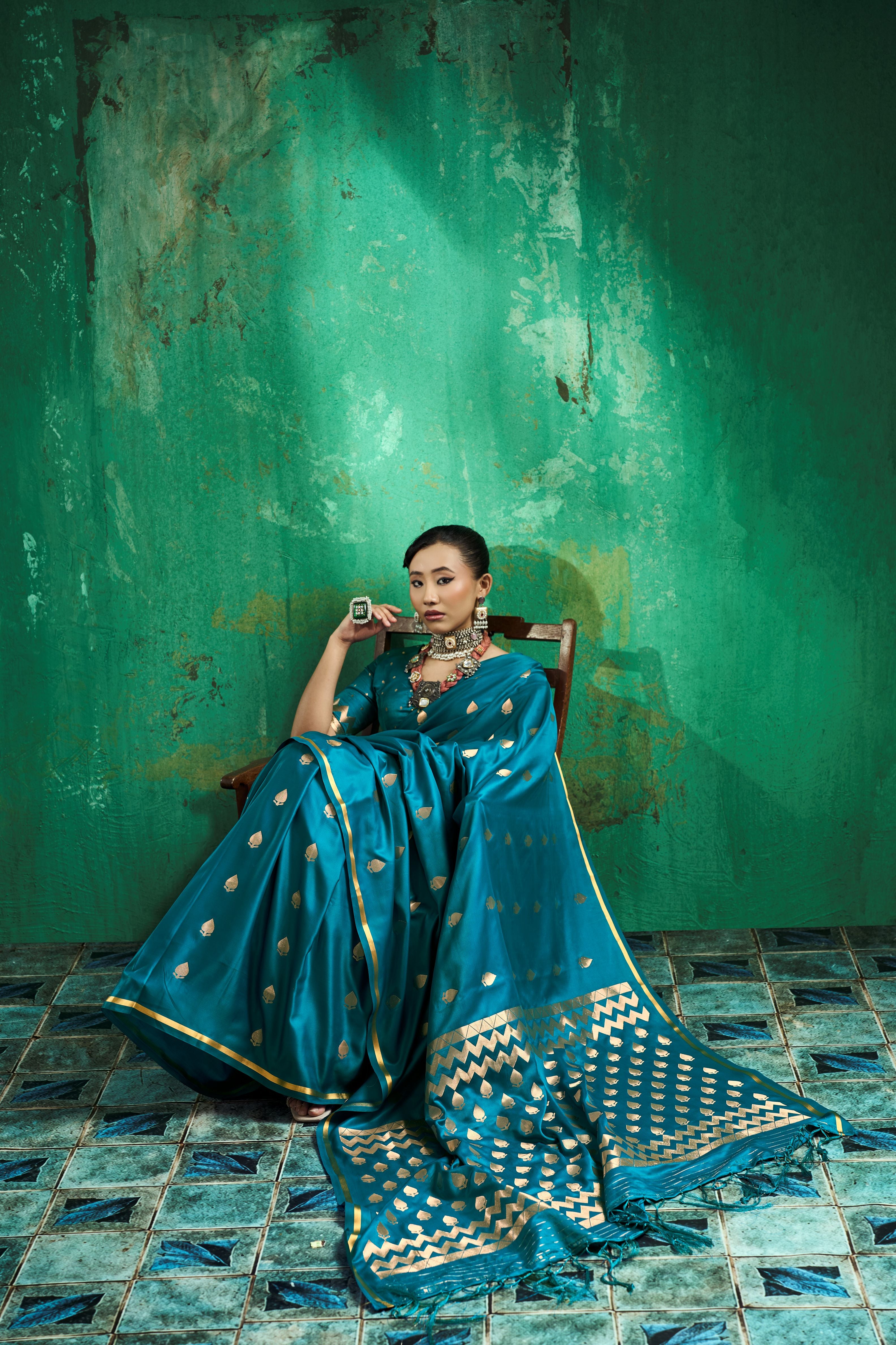 Satin Luxe (Teal Blue) Ready To Wear Pocket Saree