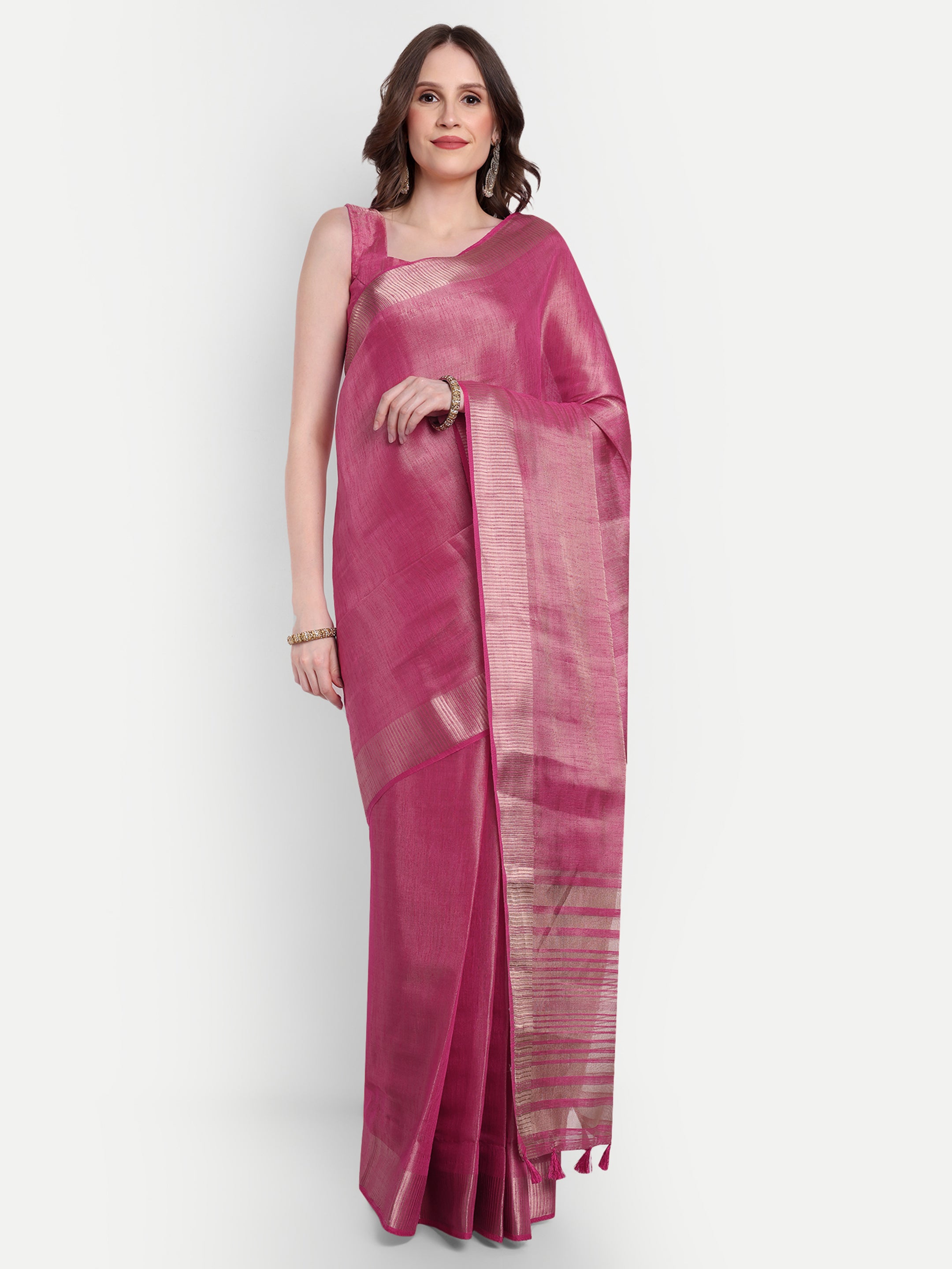 Dusky Pink Linen Tissue Ready To Wear Pocket Saree
