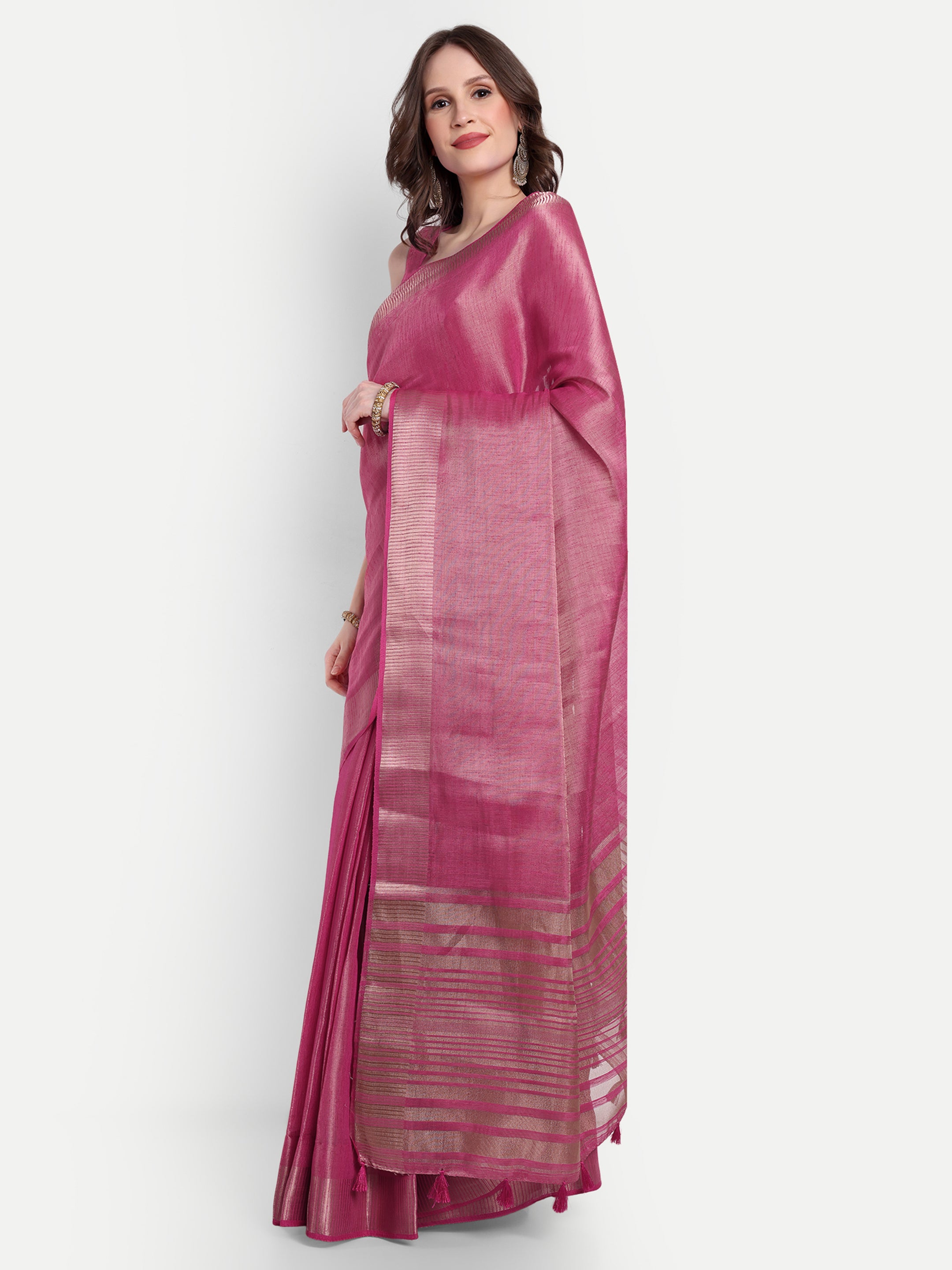 Dusky Pink Linen Tissue Ready To Wear Pocket Saree