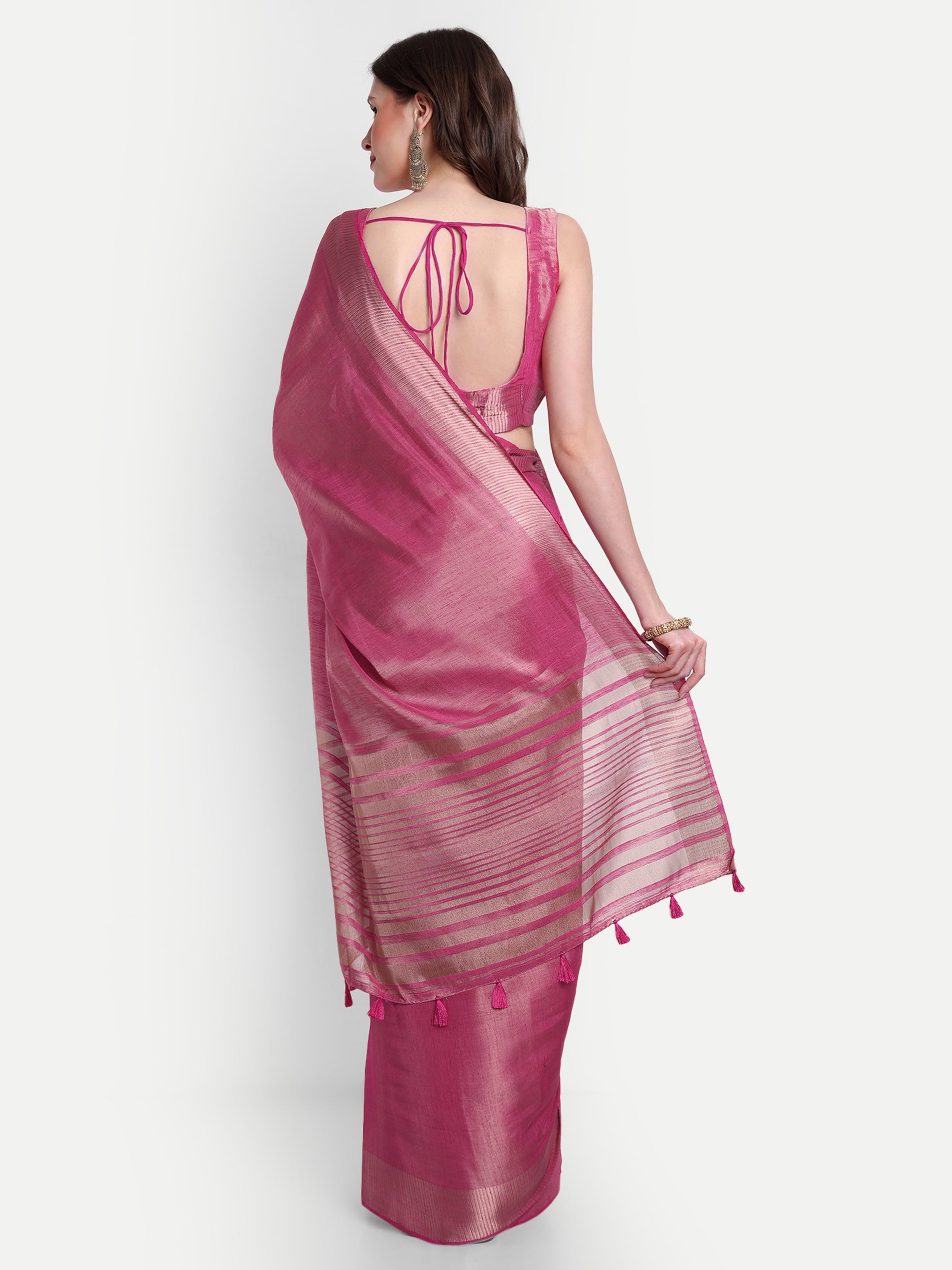 Dusky Pink Linen Tissue Ready To Wear Pocket Saree