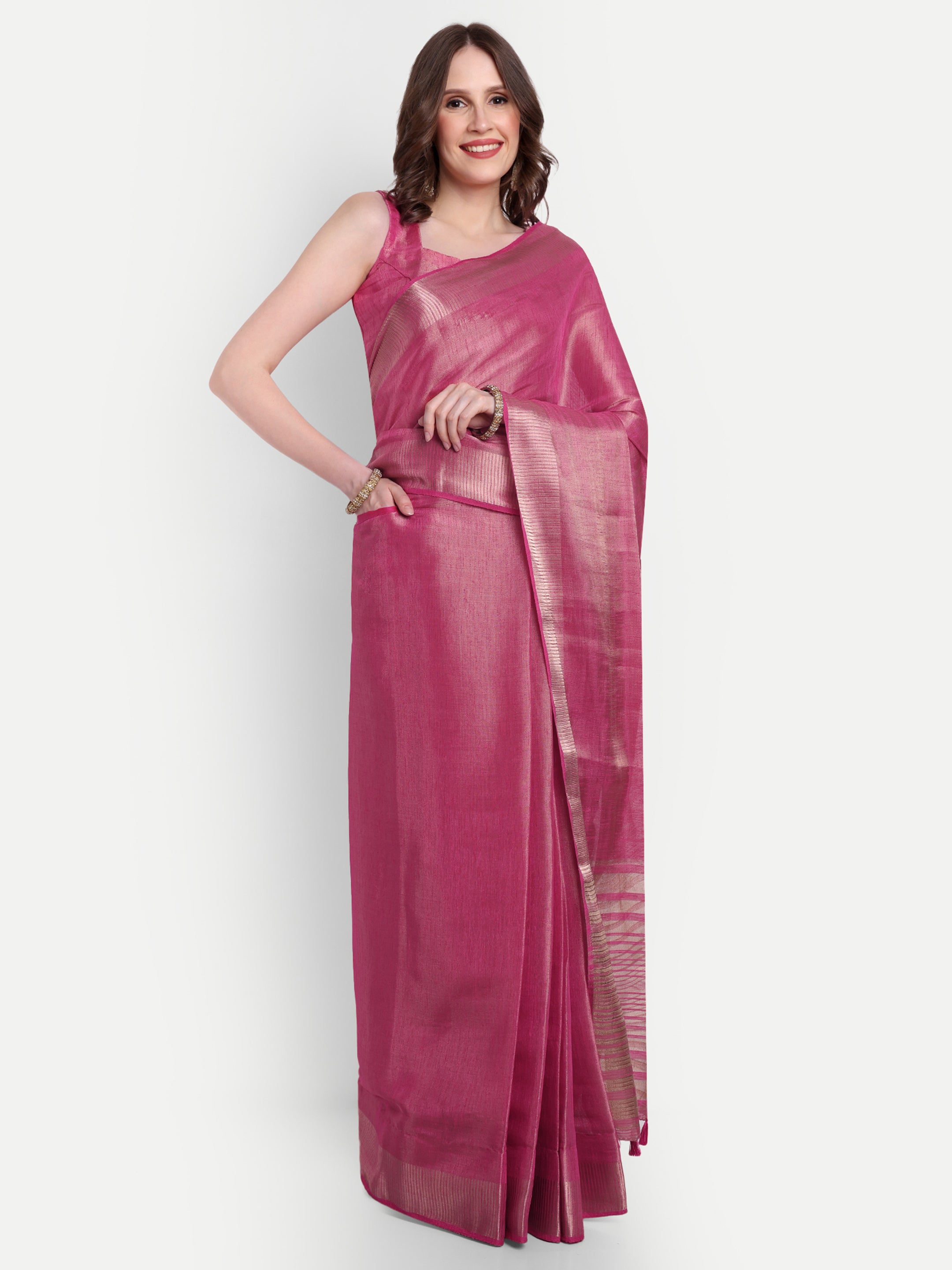 Dusky Pink Linen Tissue Ready To Wear Pocket Saree