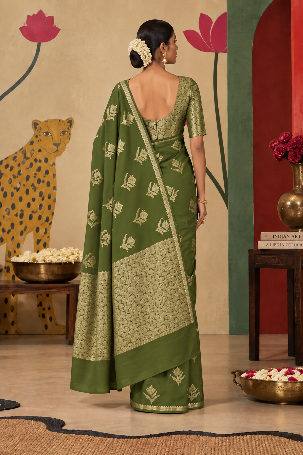 Banarasi Katan Silk Ready To Wear Pocket Saree | Green