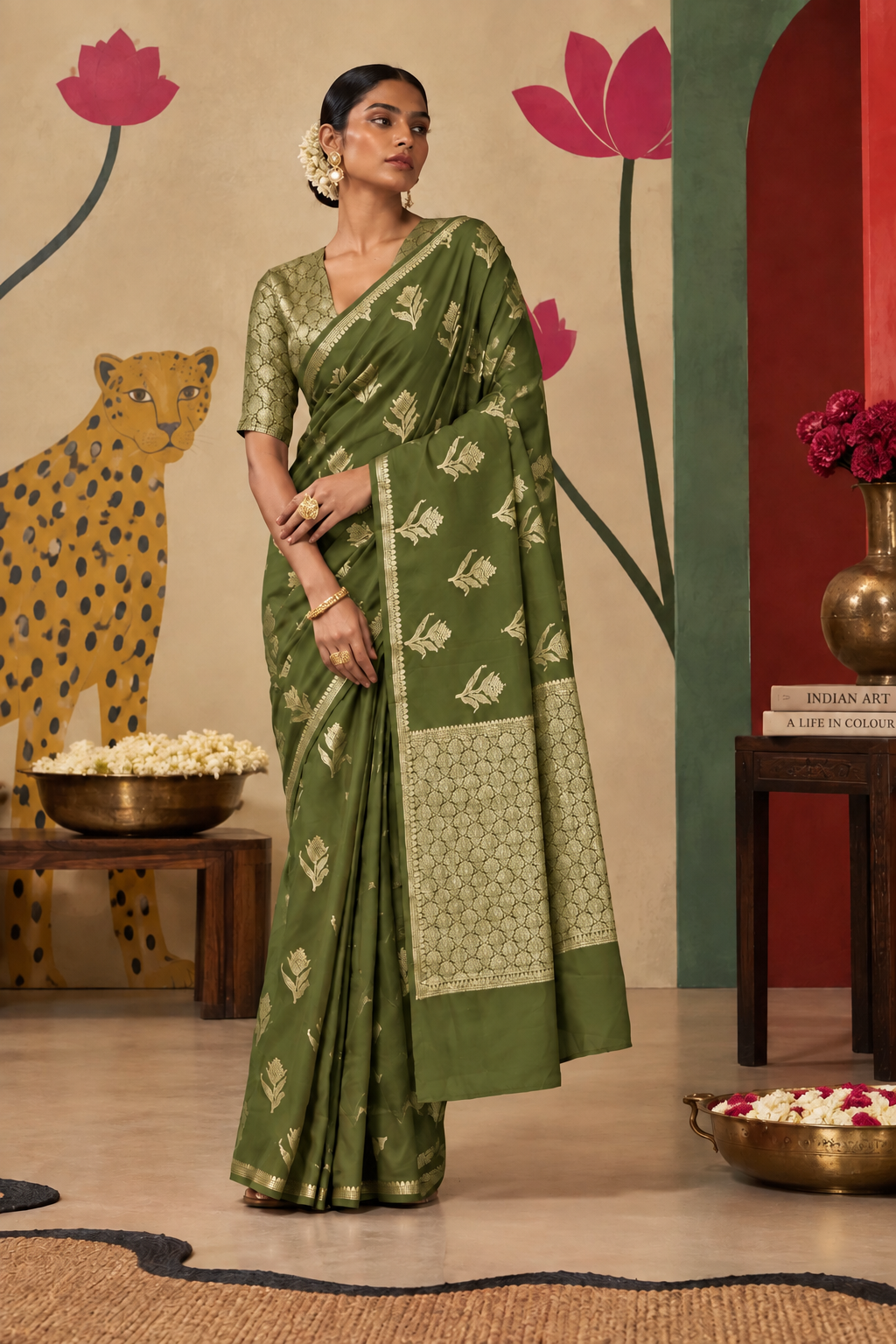 Banarasi Katan Silk Ready To Wear Pocket Saree | Green