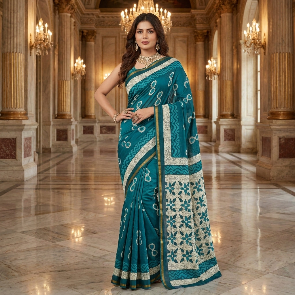 Blue Modal Mul Cotton Ready To Wear Pocket Saree