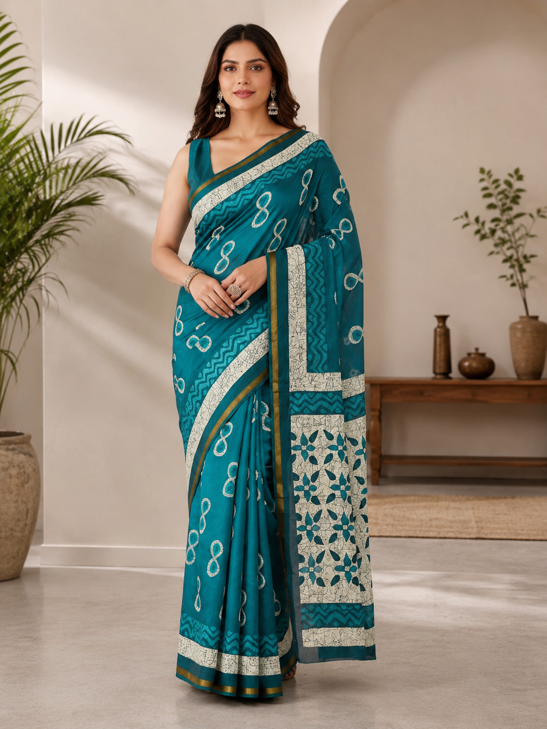 Blue Modal Mul Cotton Ready To Wear Pocket Saree