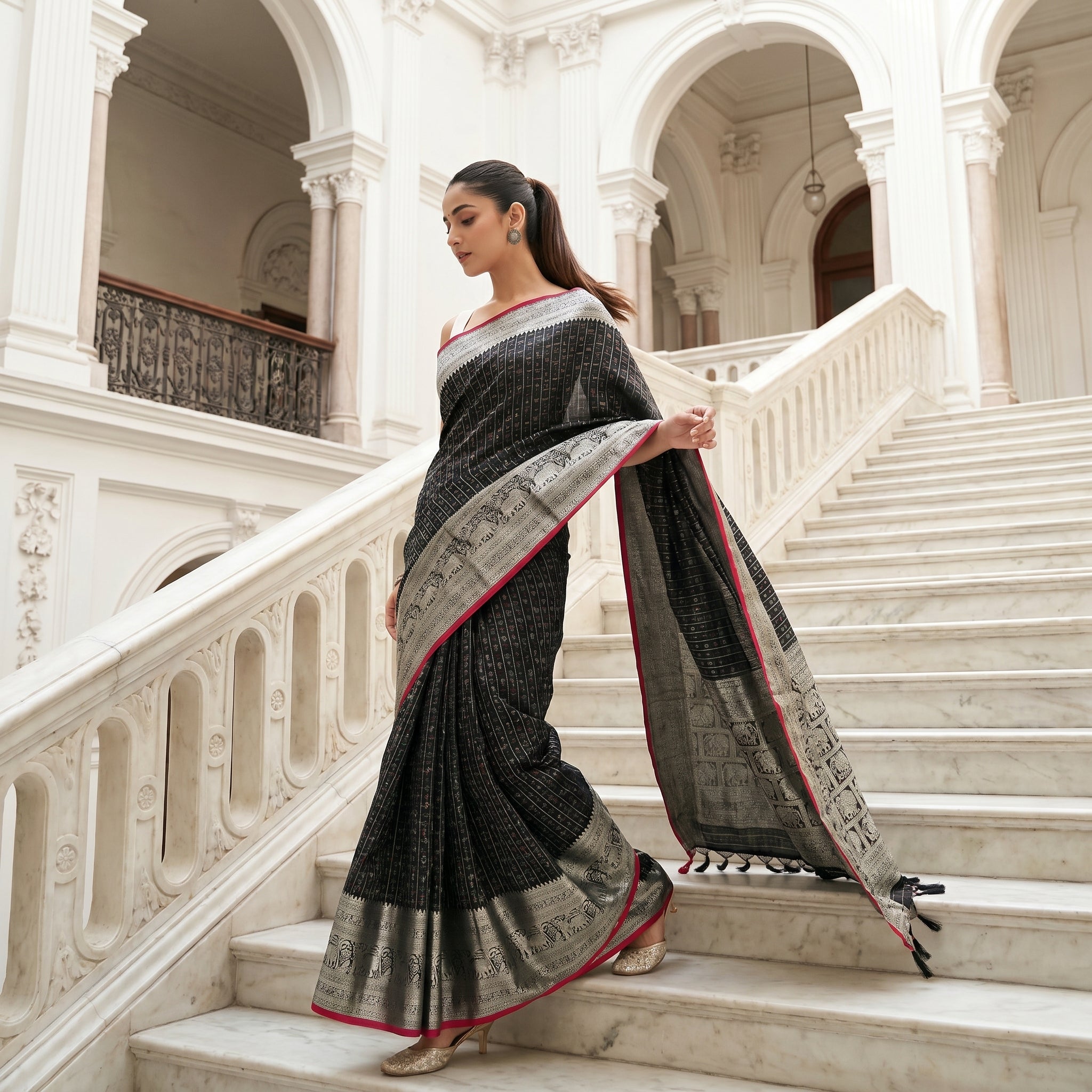 Black Empress Silk Ready To Wear Pocket Saree