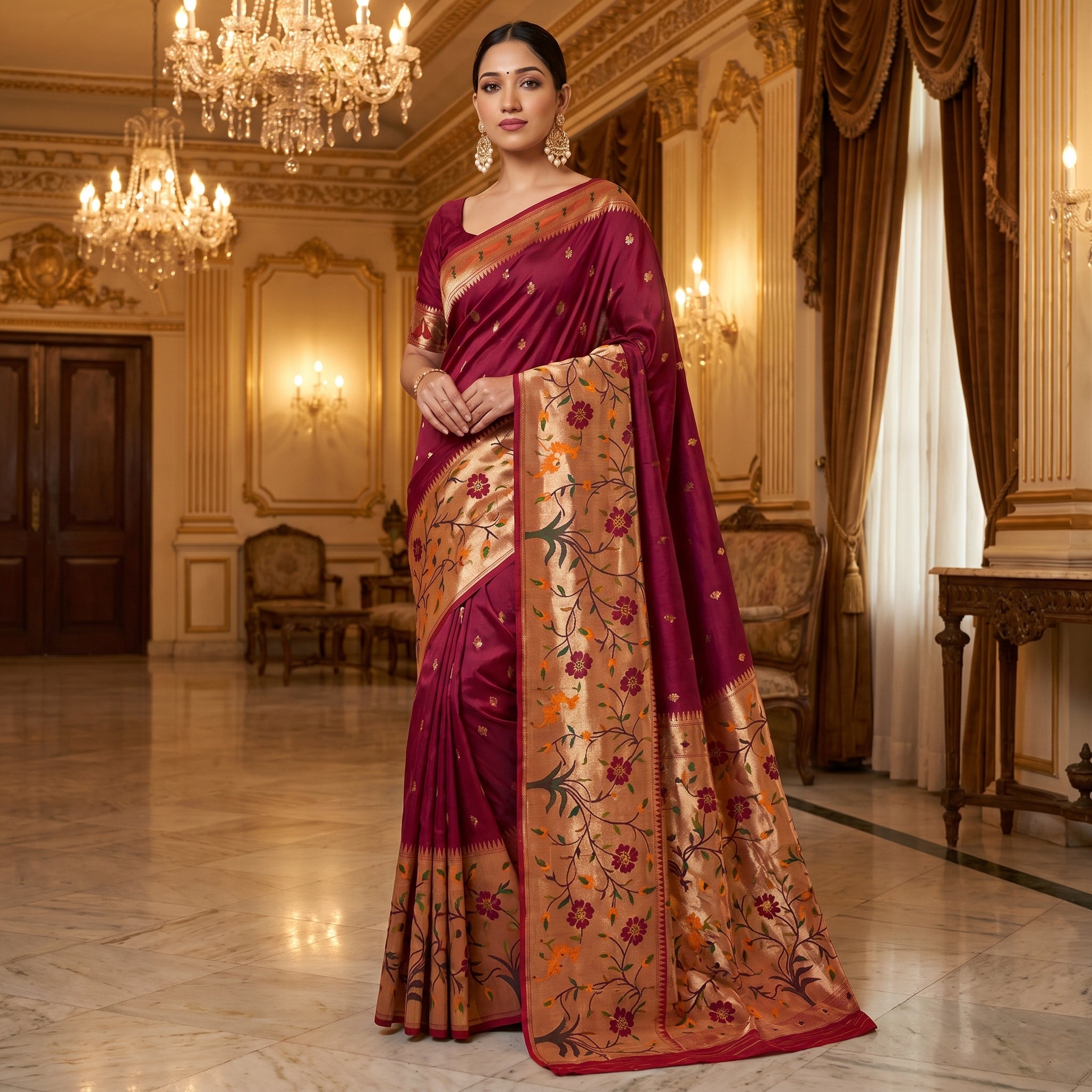 Shubh Shringar (Maroon) Powerloom Silk Ready To Wear Pocket Saree