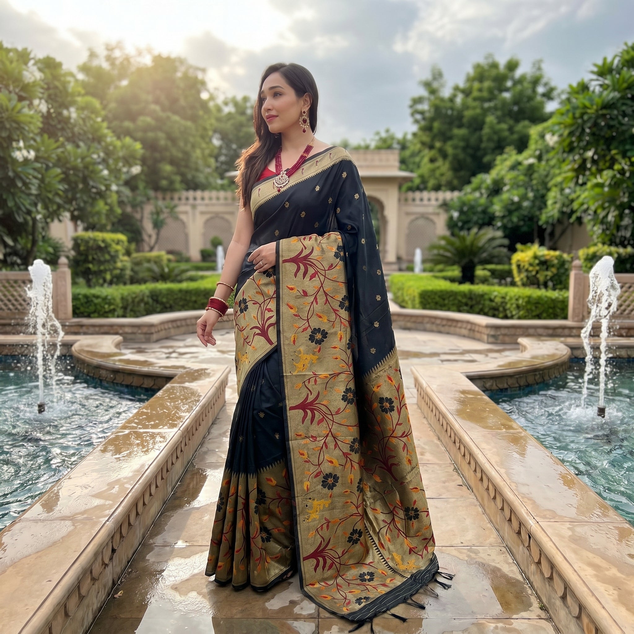 Shubh Shringar (Black) Powerloom Paithani Silk Ready To Wear Pocket Saree