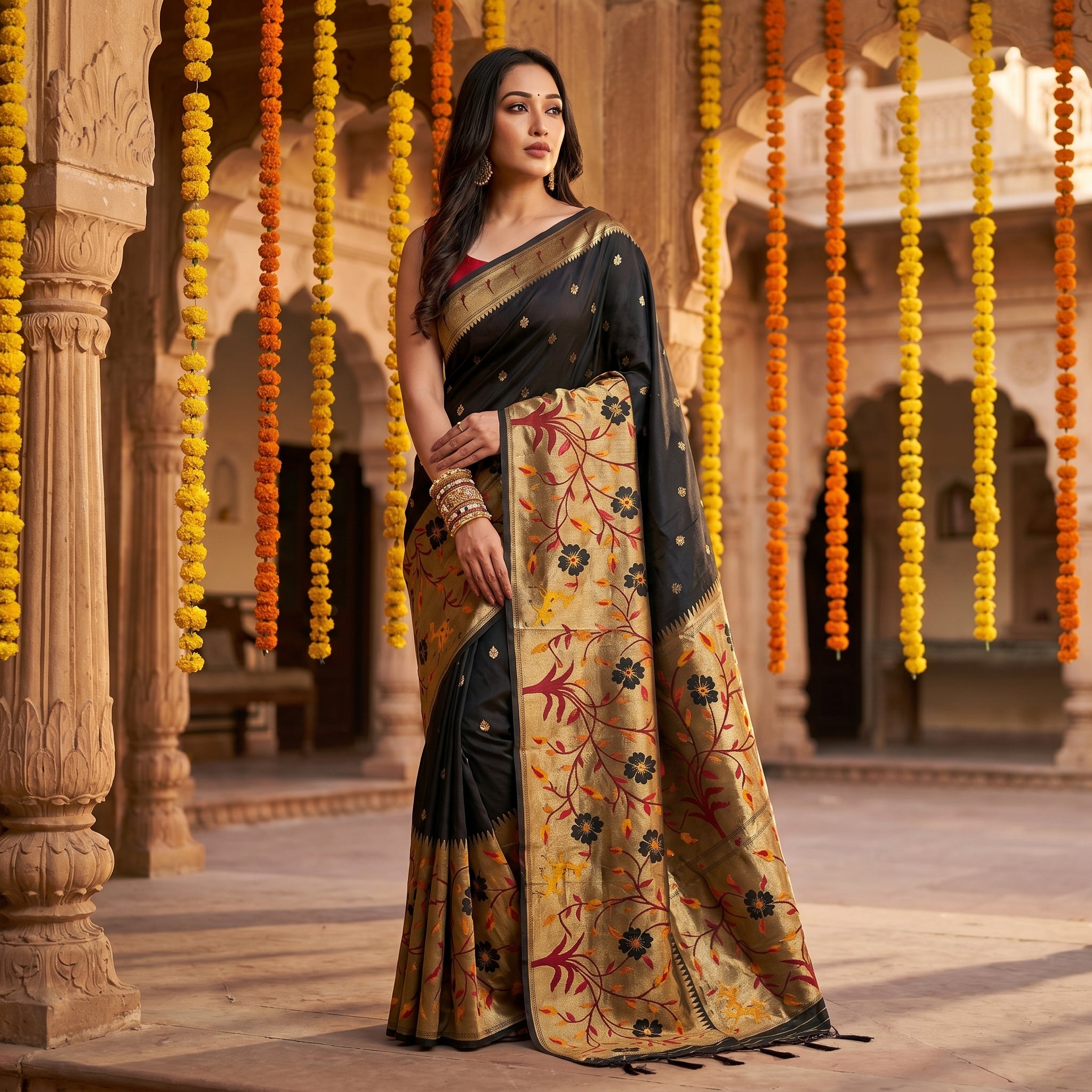 Shubh Shringar (Black) Powerloom Paithani Silk Ready To Wear Pocket Saree