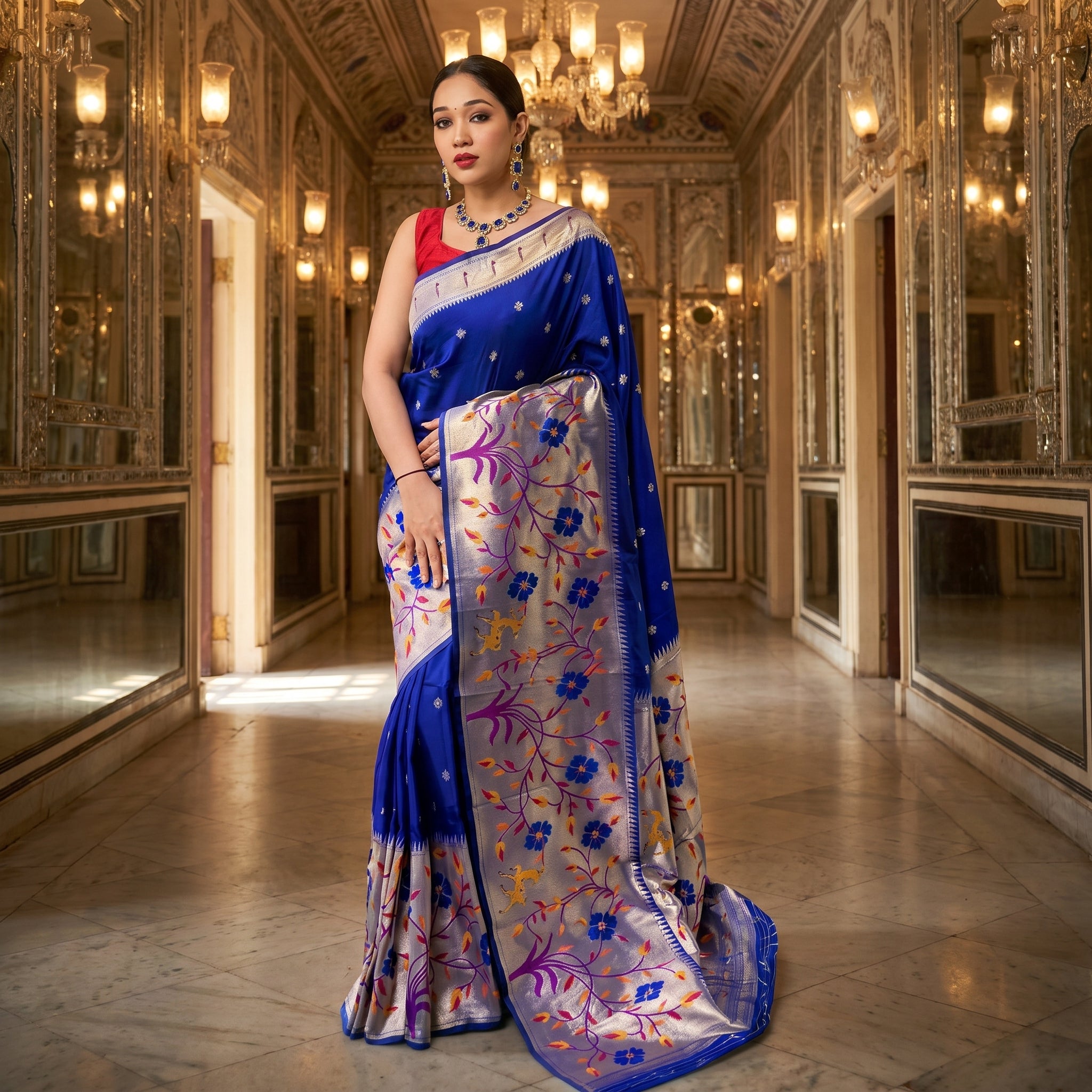 Shubh Shringar (Royal Blue) Powerloom Paithani Silk Ready To Wear Pocket Saree