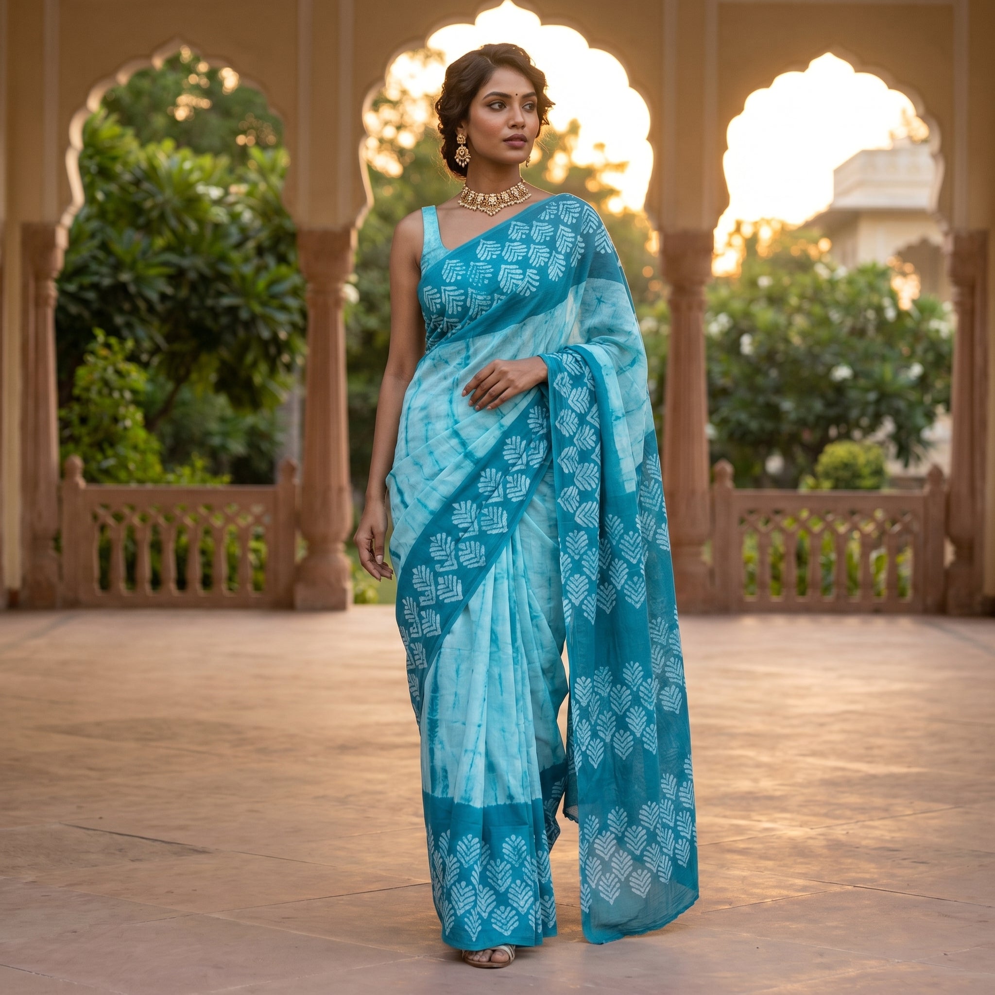Wave Symphony Mul Cotton Ready-To-Wear Pocket Saree