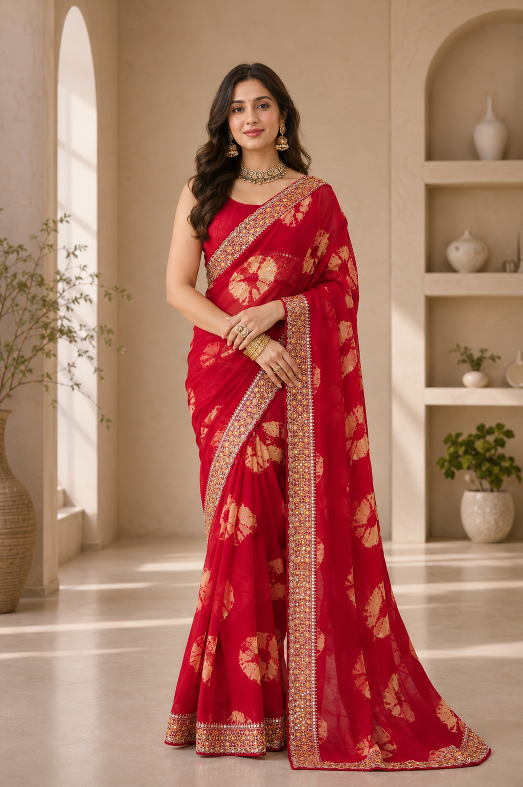 Georgette Bandhej (Red) Ready To Wear Pocket Saree