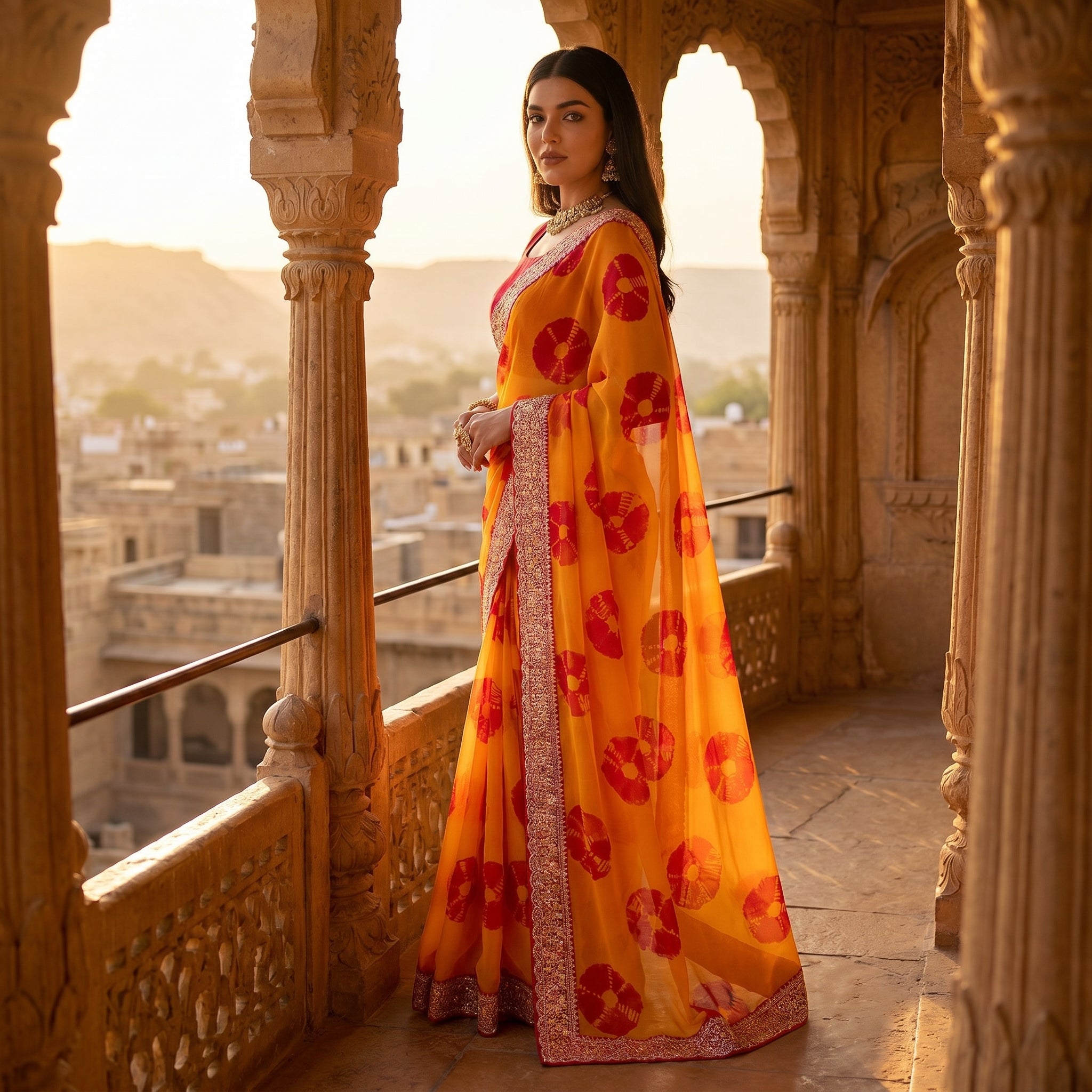 Georgette Bandhej (Yellow) Ready To Wear Pocket Saree