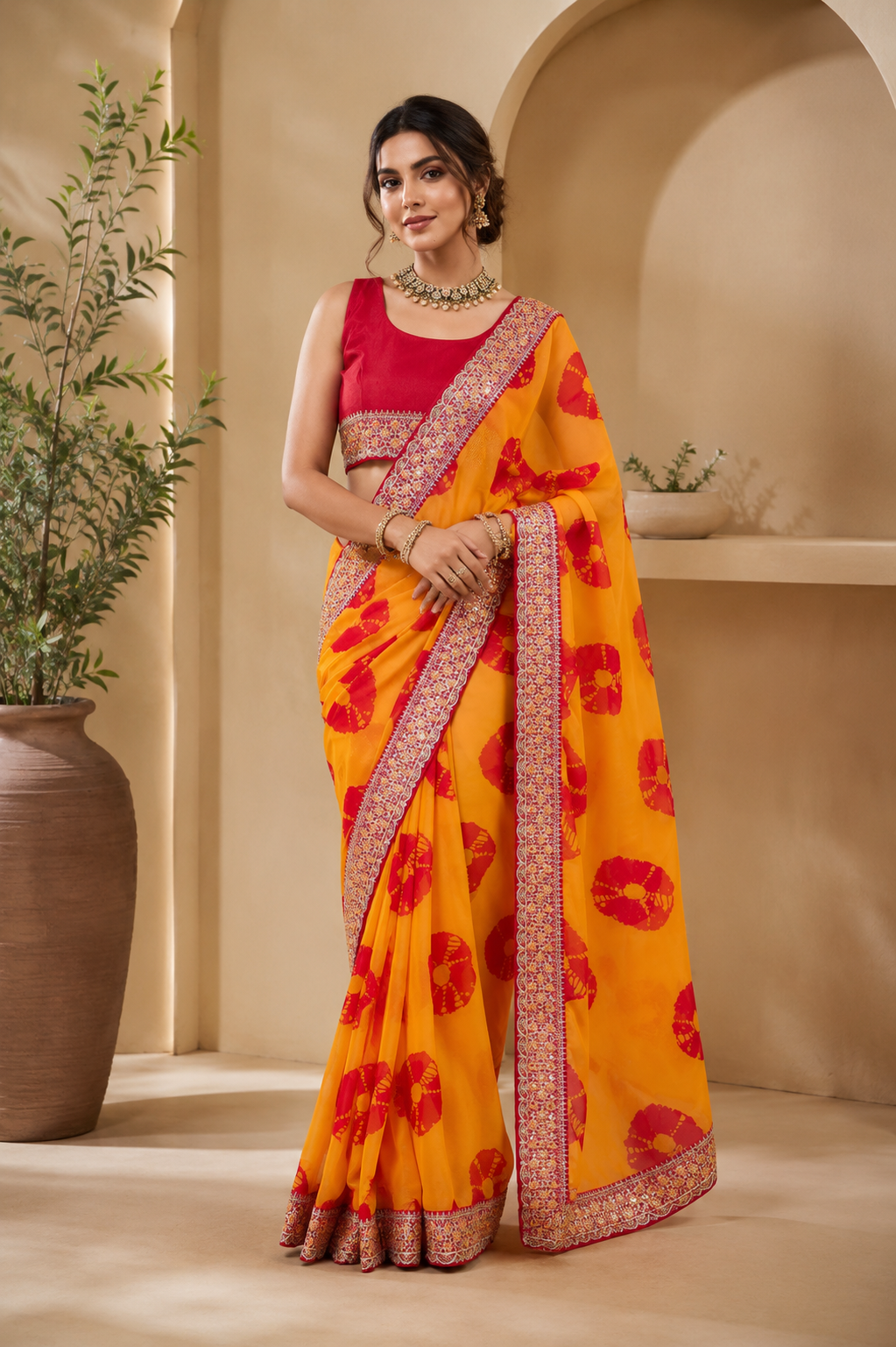 Georgette Bandhej (Yellow) Ready To Wear Pocket Saree