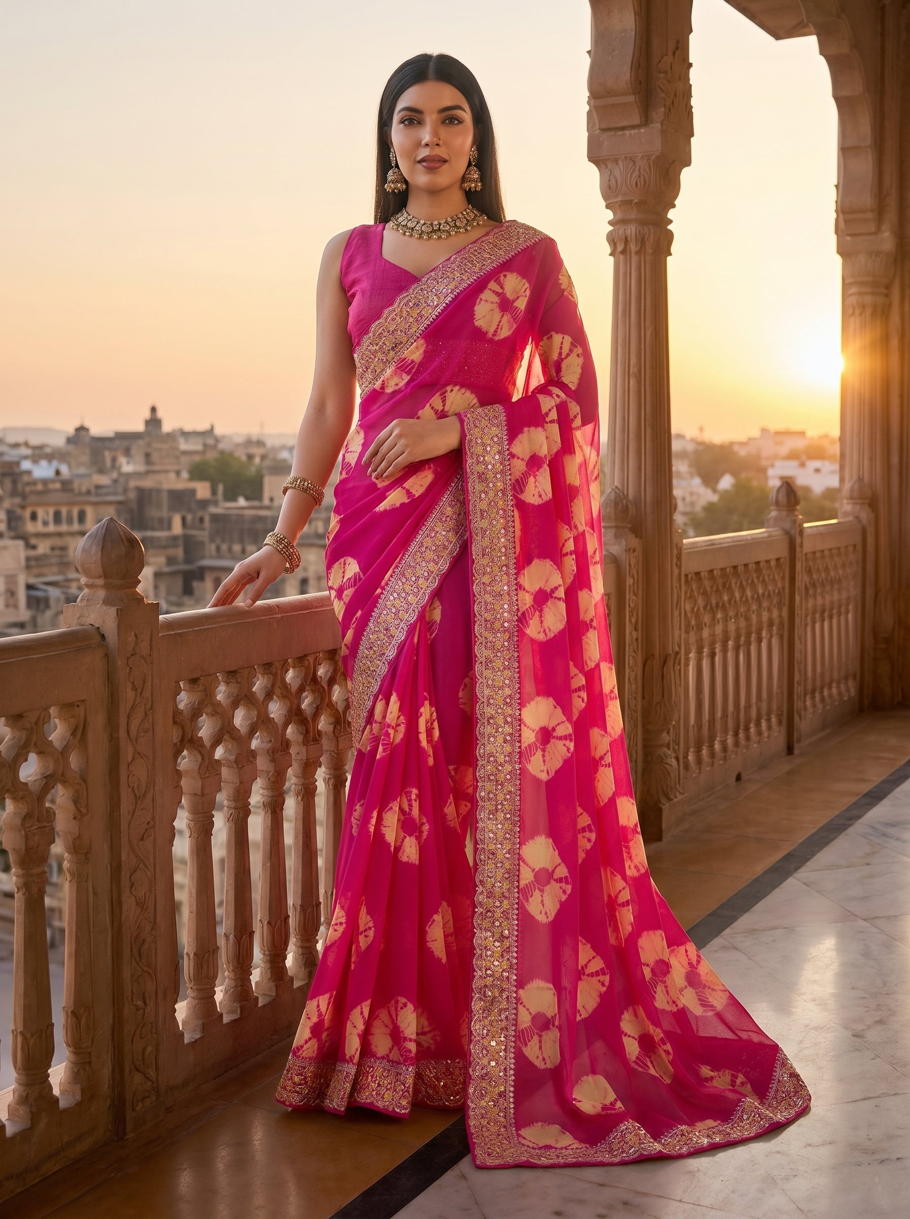 Georgette Bandhej (Pink) Ready To Wear Pocket Saree