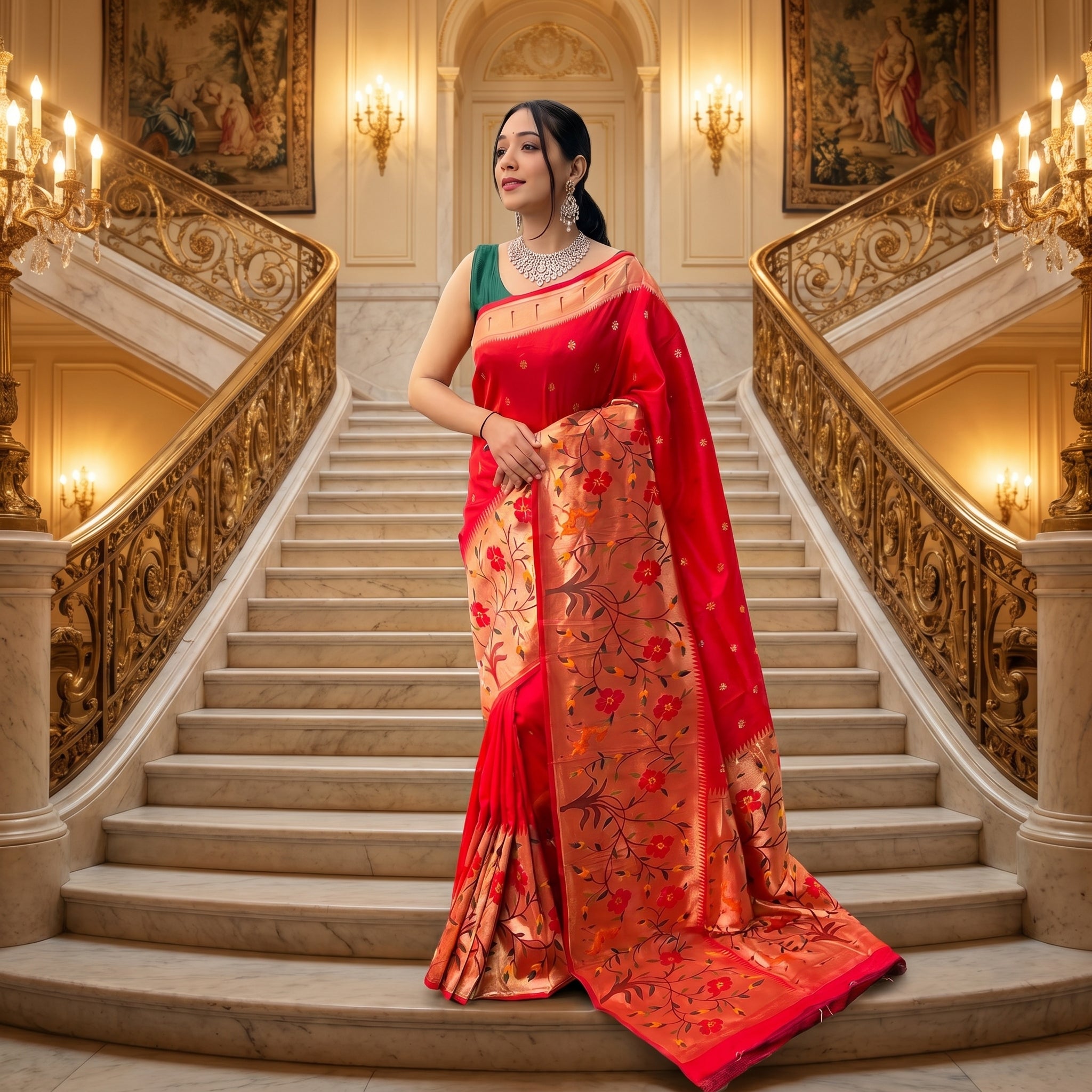 Shubh Shringar (Red) Powerloom Paithani Silk Ready To Wear Pocket Saree