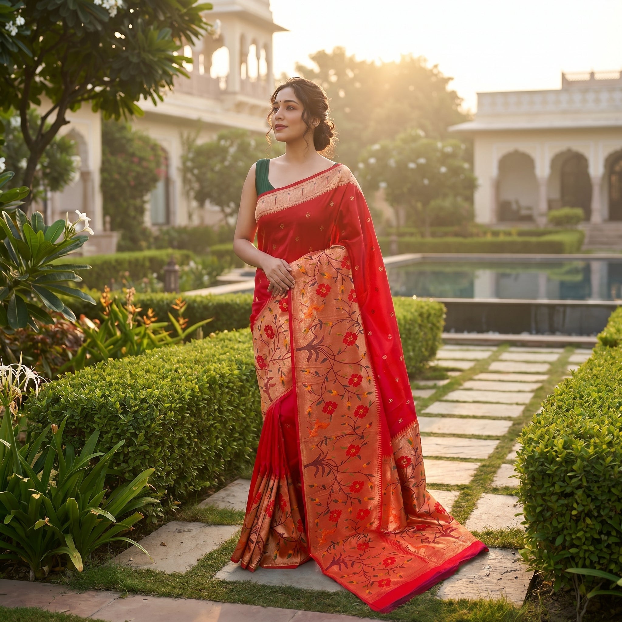 Shubh Shringar (Red) Powerloom Paithani Silk Ready To Wear Pocket Saree