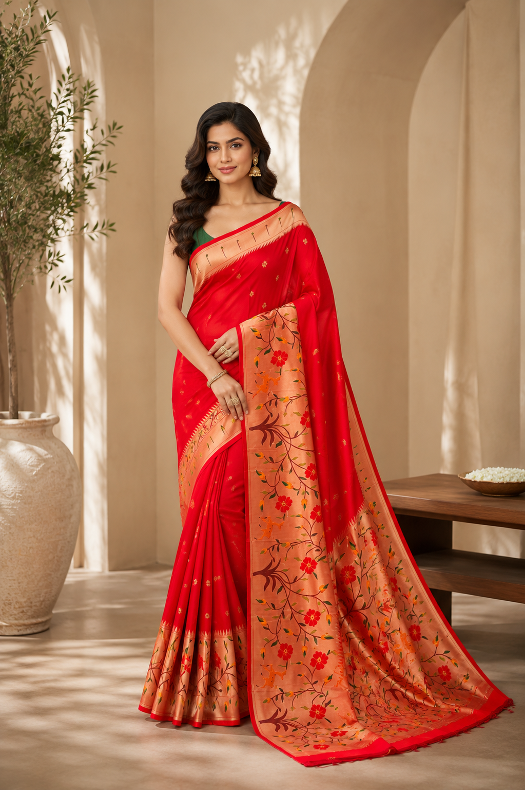 Shubh Shringar (Red) Powerloom Paithani Silk Ready To Wear Pocket Saree