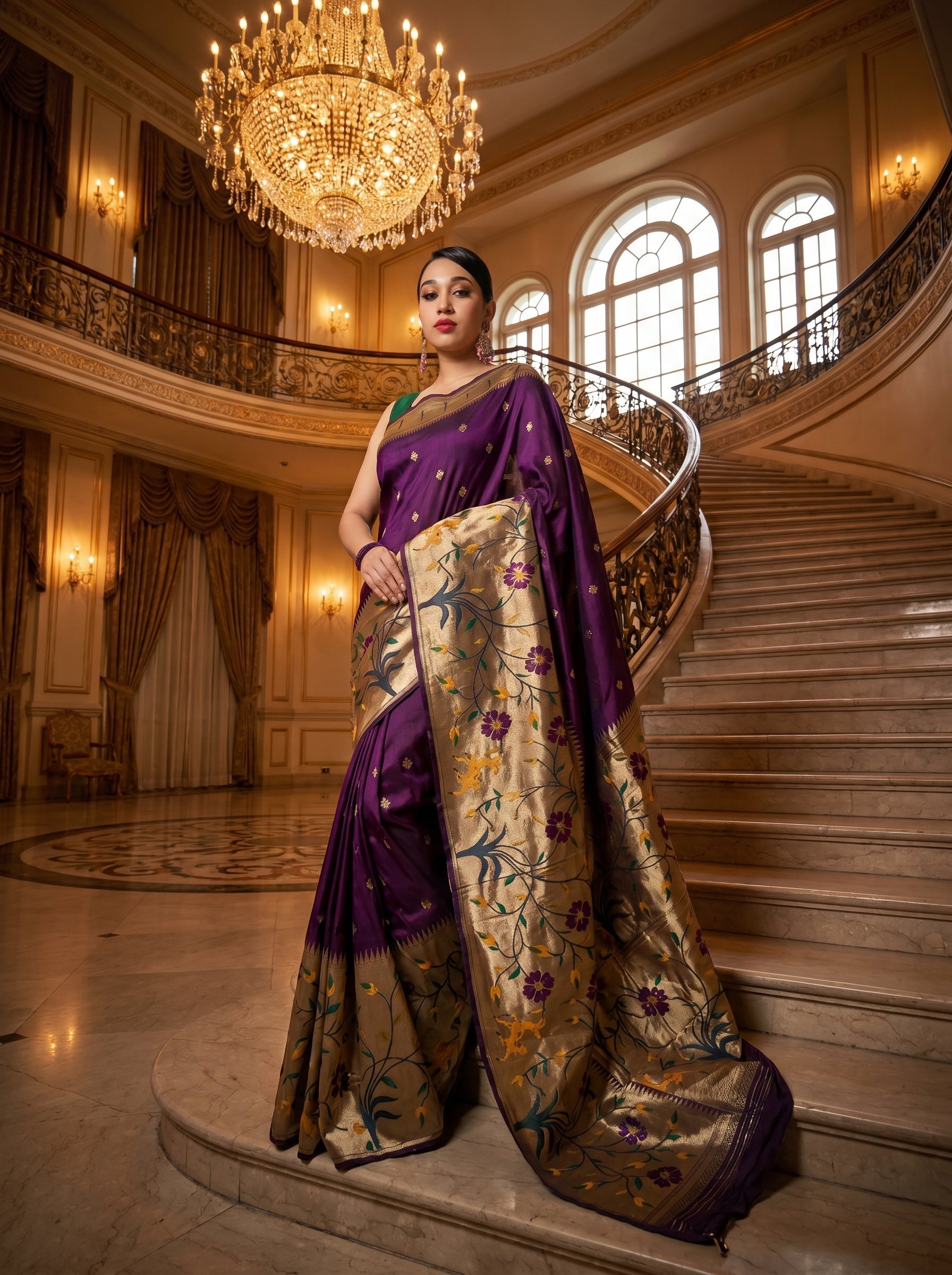 Shubh Shringar (Purple) Powerloom Paithani Silk Ready To Wear Pocket Saree