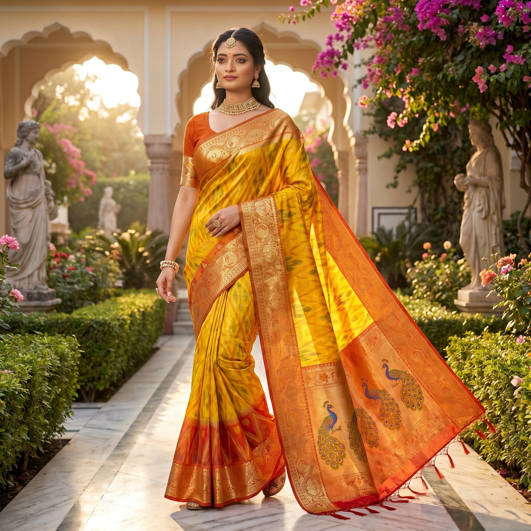 Crimson Ikat Powerloom Silk (B) Ready To Wear Pocket Saree
