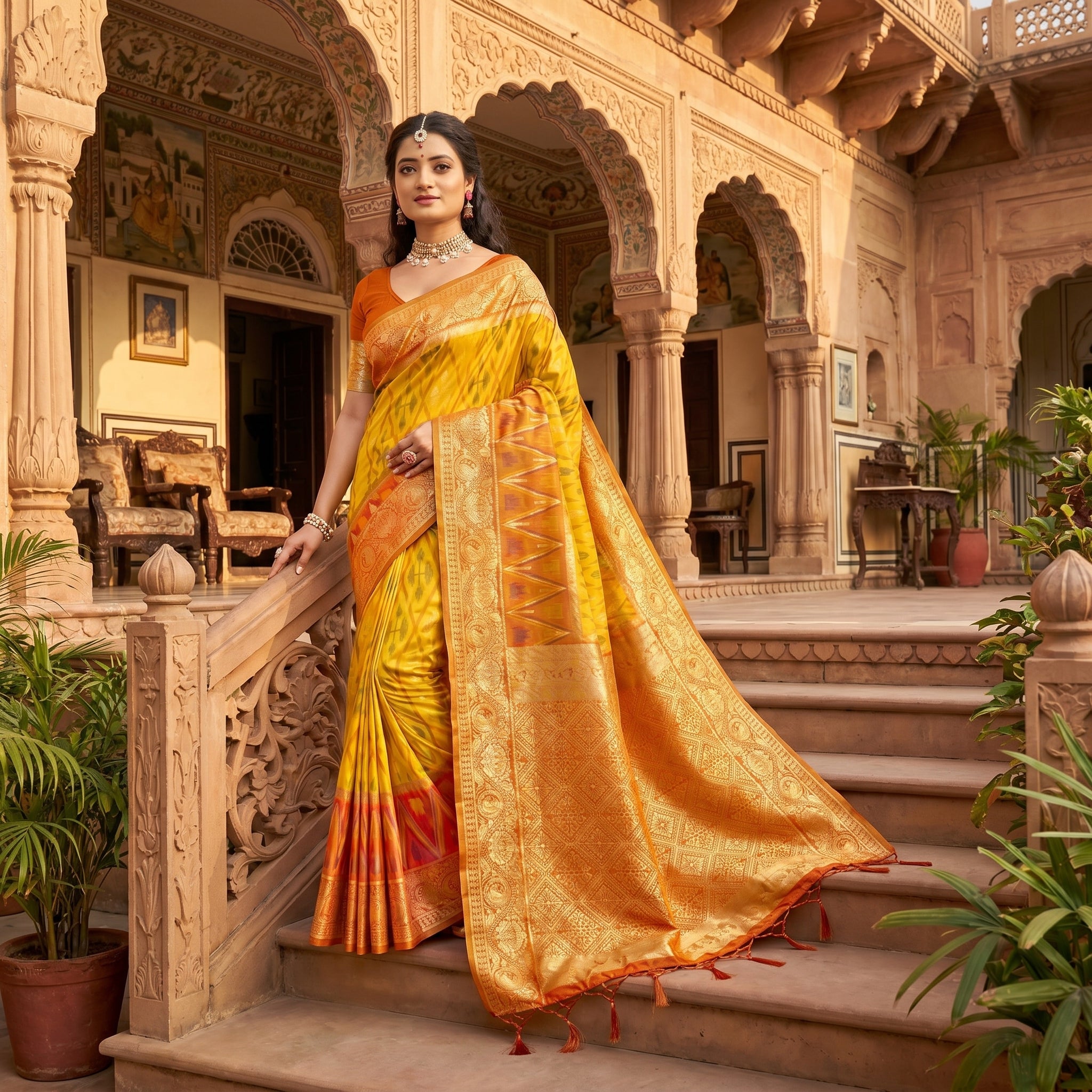 Crimson Ikat Powerloom Silk (B) Ready To Wear Pocket Saree