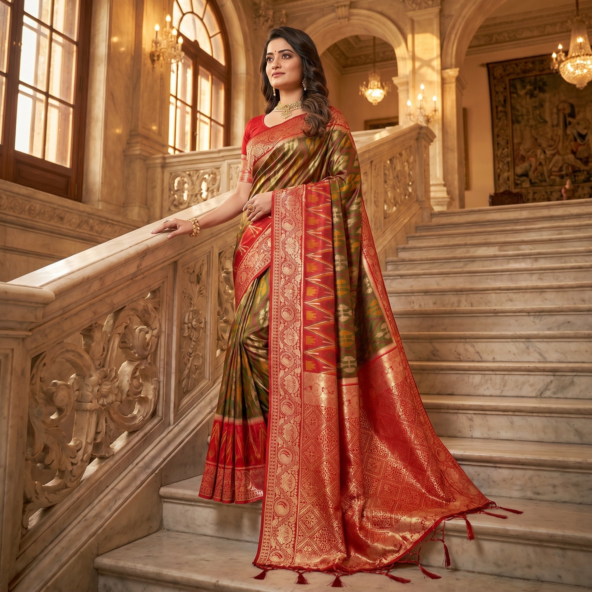 Crimson Ikat Powerloom Silk (A) Ready To Wear Pocket Saree
