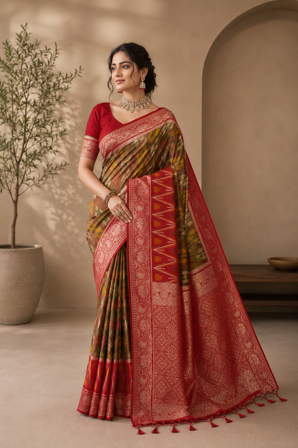 Crimson Ikat Powerloom Silk (A) Ready To Wear Pocket Saree