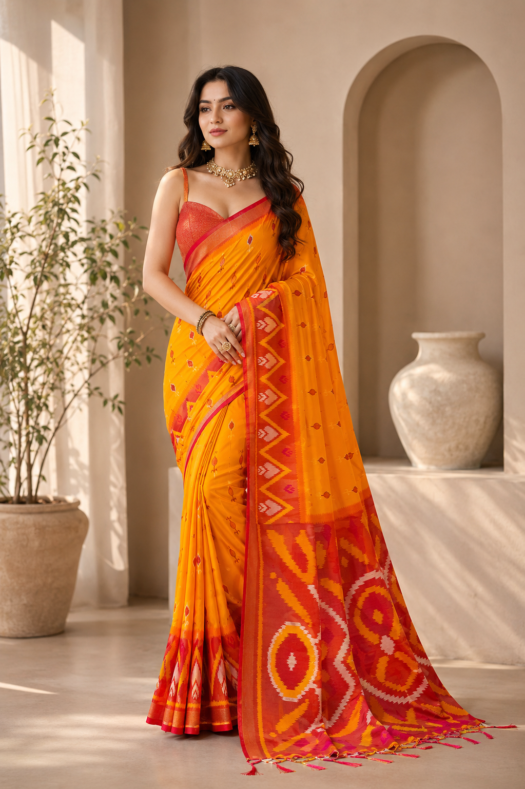 Ikat Reverie Powerloom Silk (A) Ready To Wear Pocket Saree