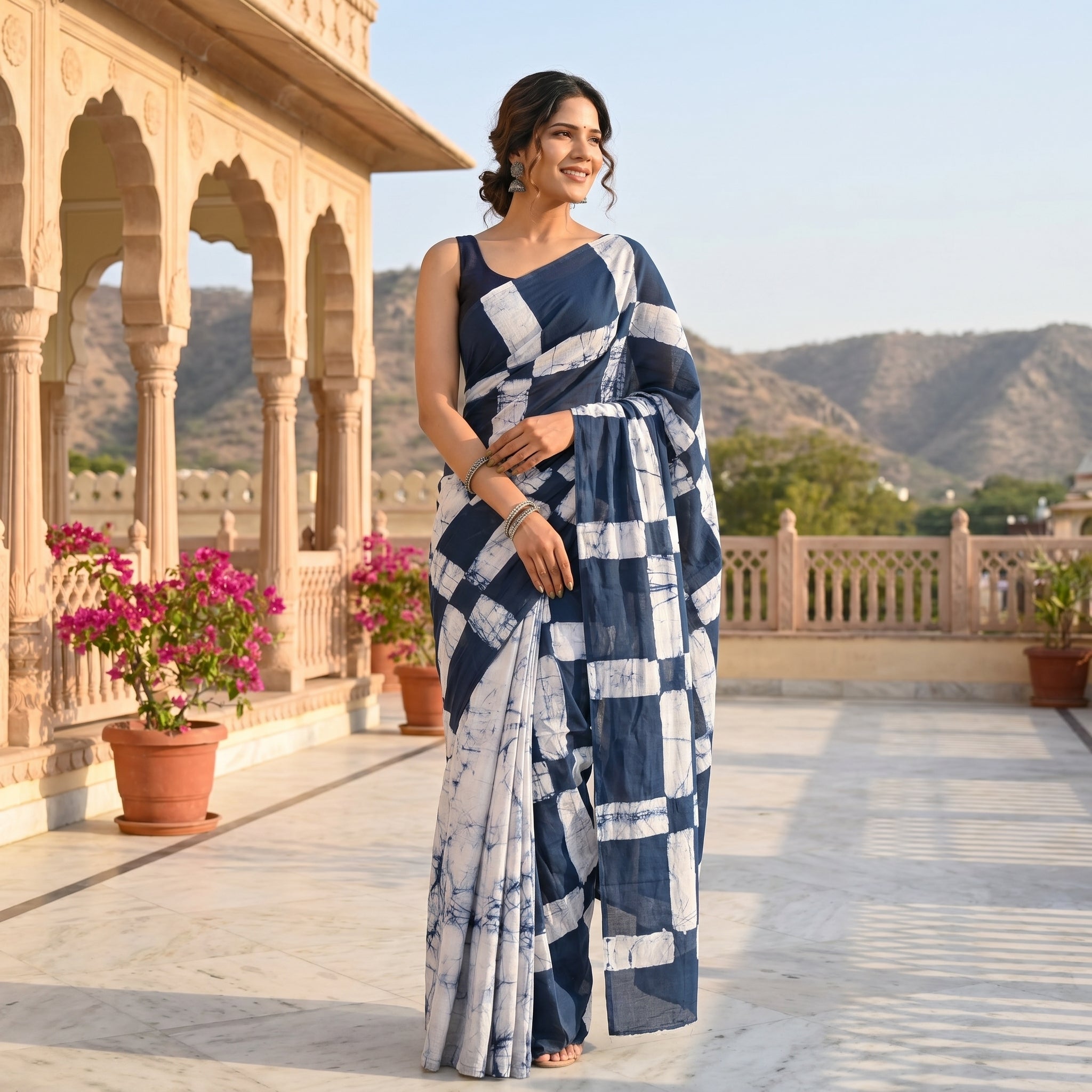 Navy Grid  Mul Cotton Ready To Wear Pocket Saree