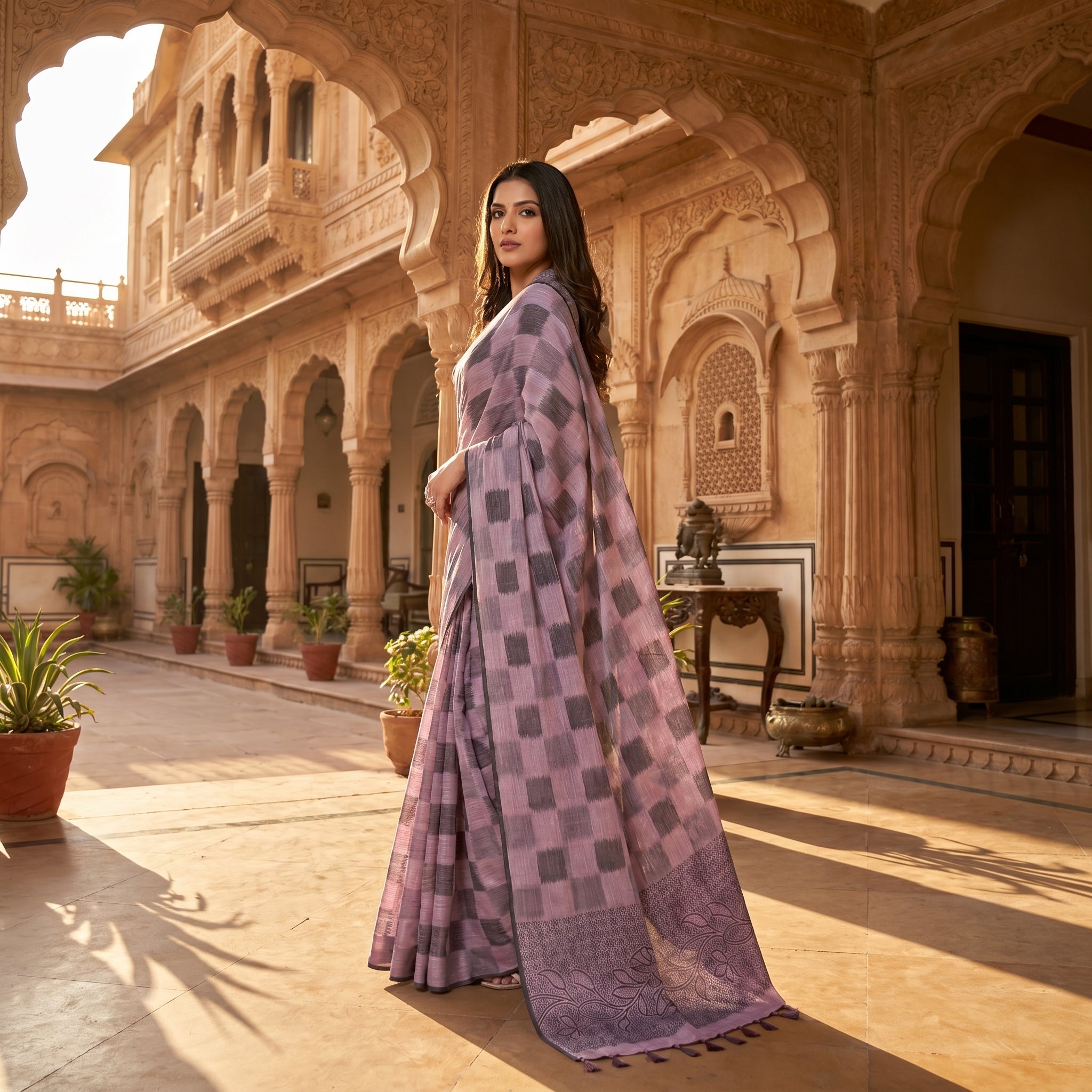 Floral Vine Linen Cotton (A) Ready To Wear Pocket Saree
