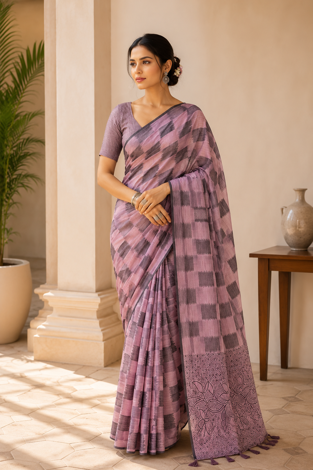 Floral Vine Linen Cotton (A) Ready To Wear Pocket Saree