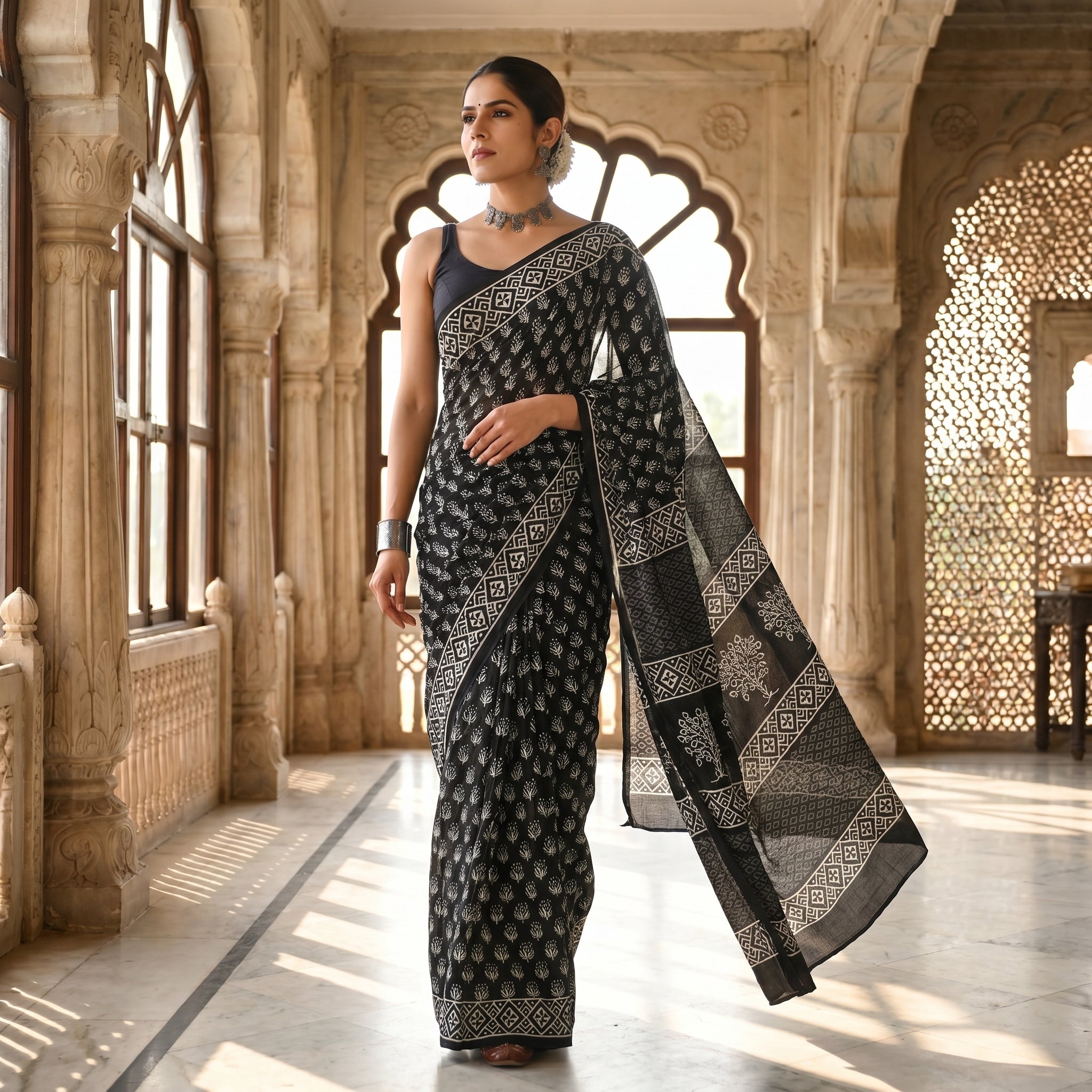 Black Veil Mul Cotton Ready To Wear Pocket Saree