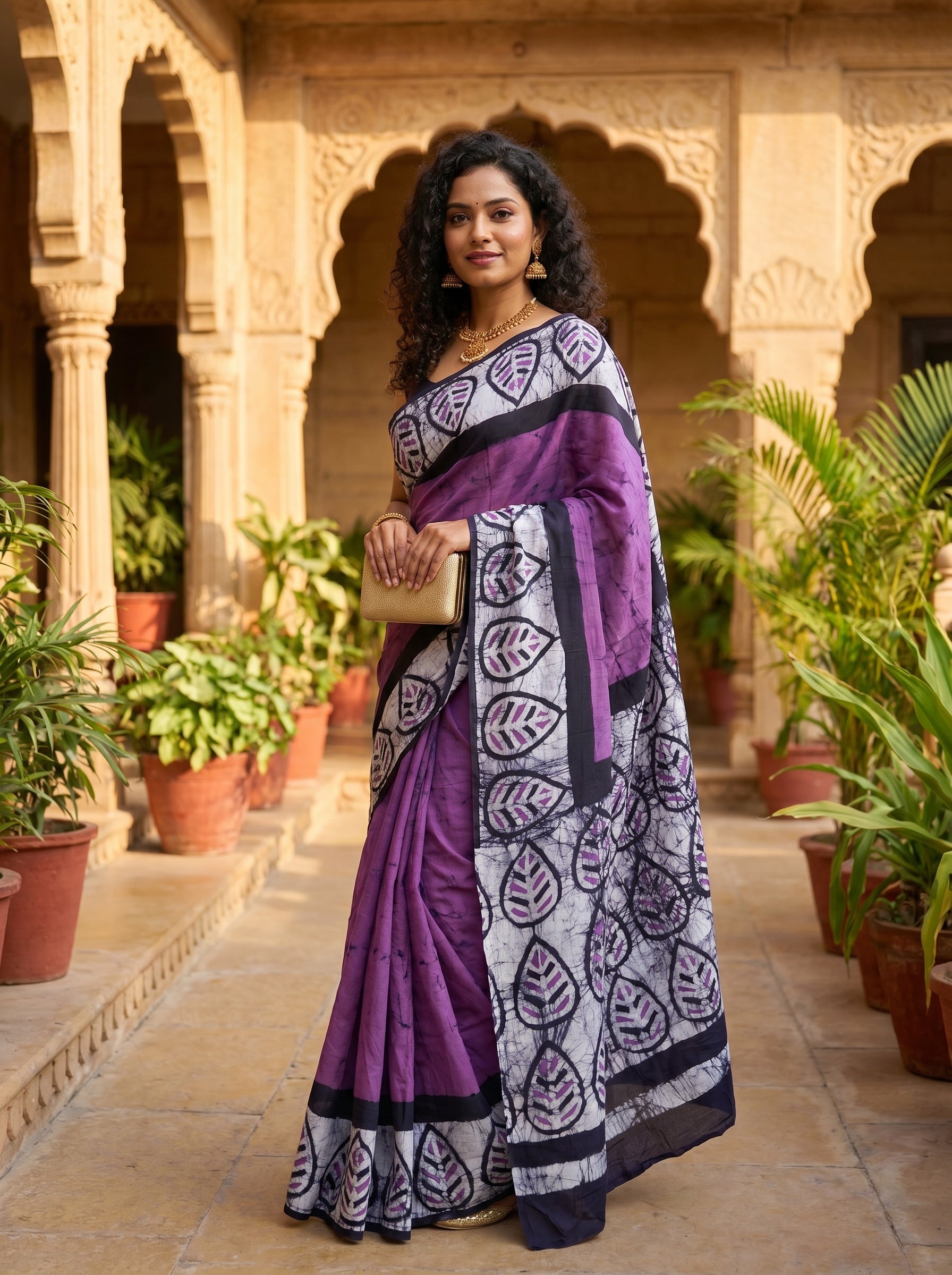 Leaf Mauve Mul Cotton Ready-To-Wear Pocket Saree
