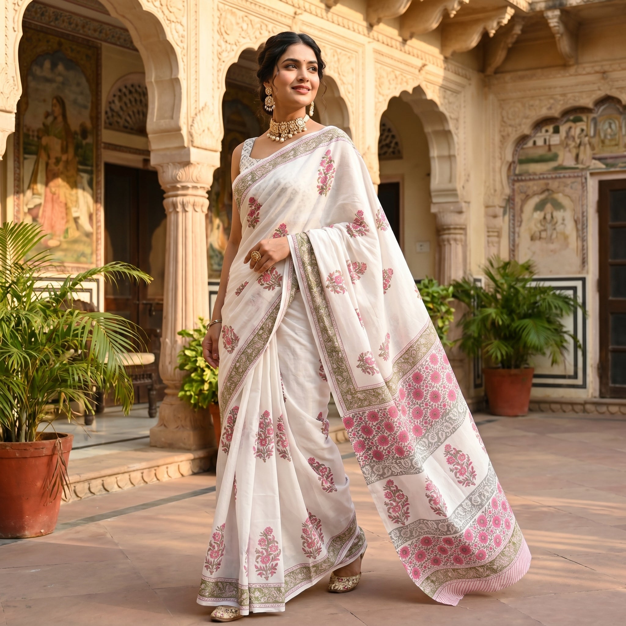 Ivory Blossom Mul Cotton Ready To Wear Pocket Saree