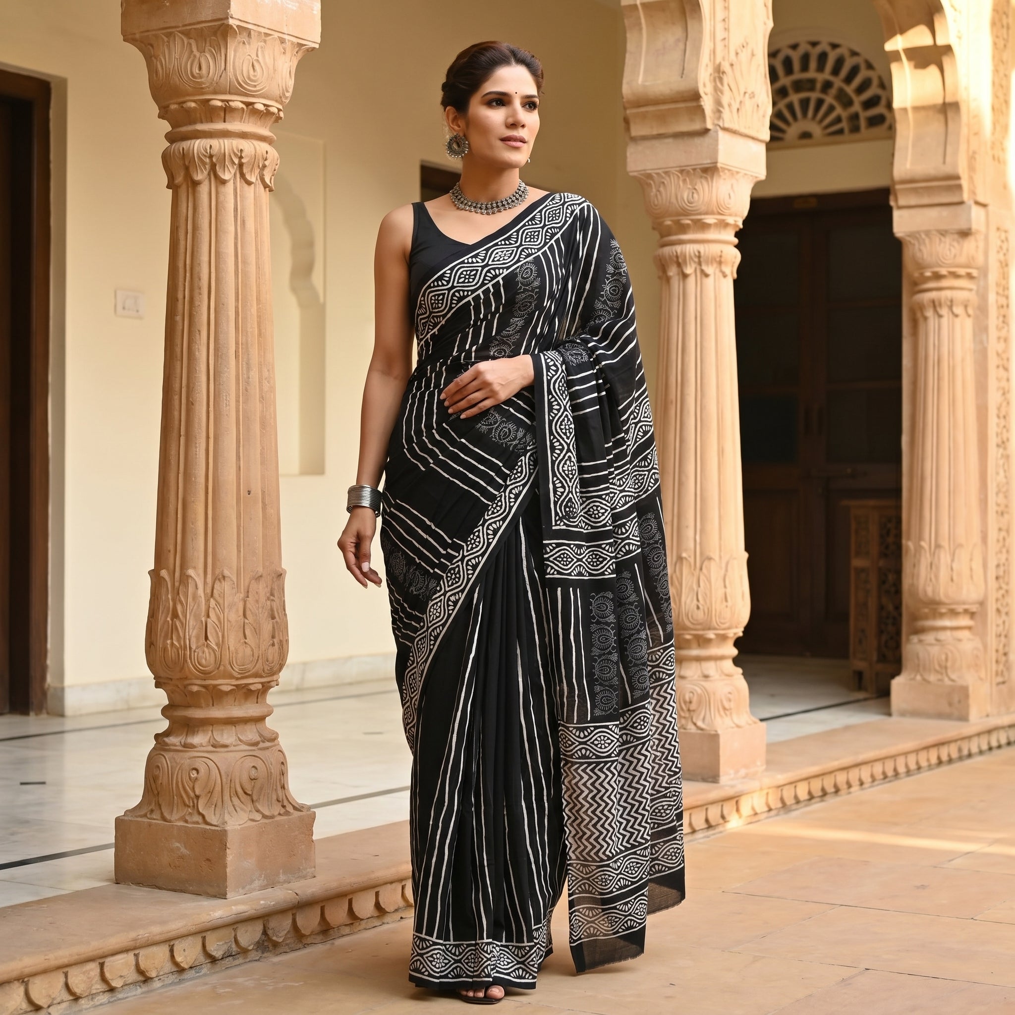 Black Mallow Mul Cotton Ready To Wear Pocket Saree