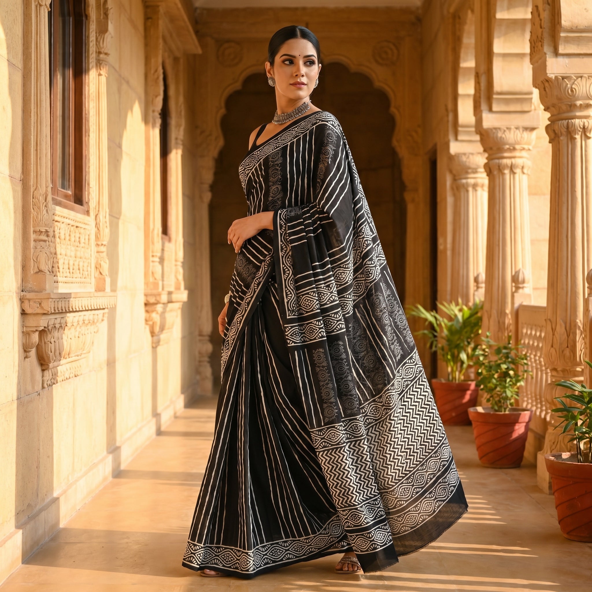 Black Mallow Mul Cotton Ready To Wear Pocket Saree