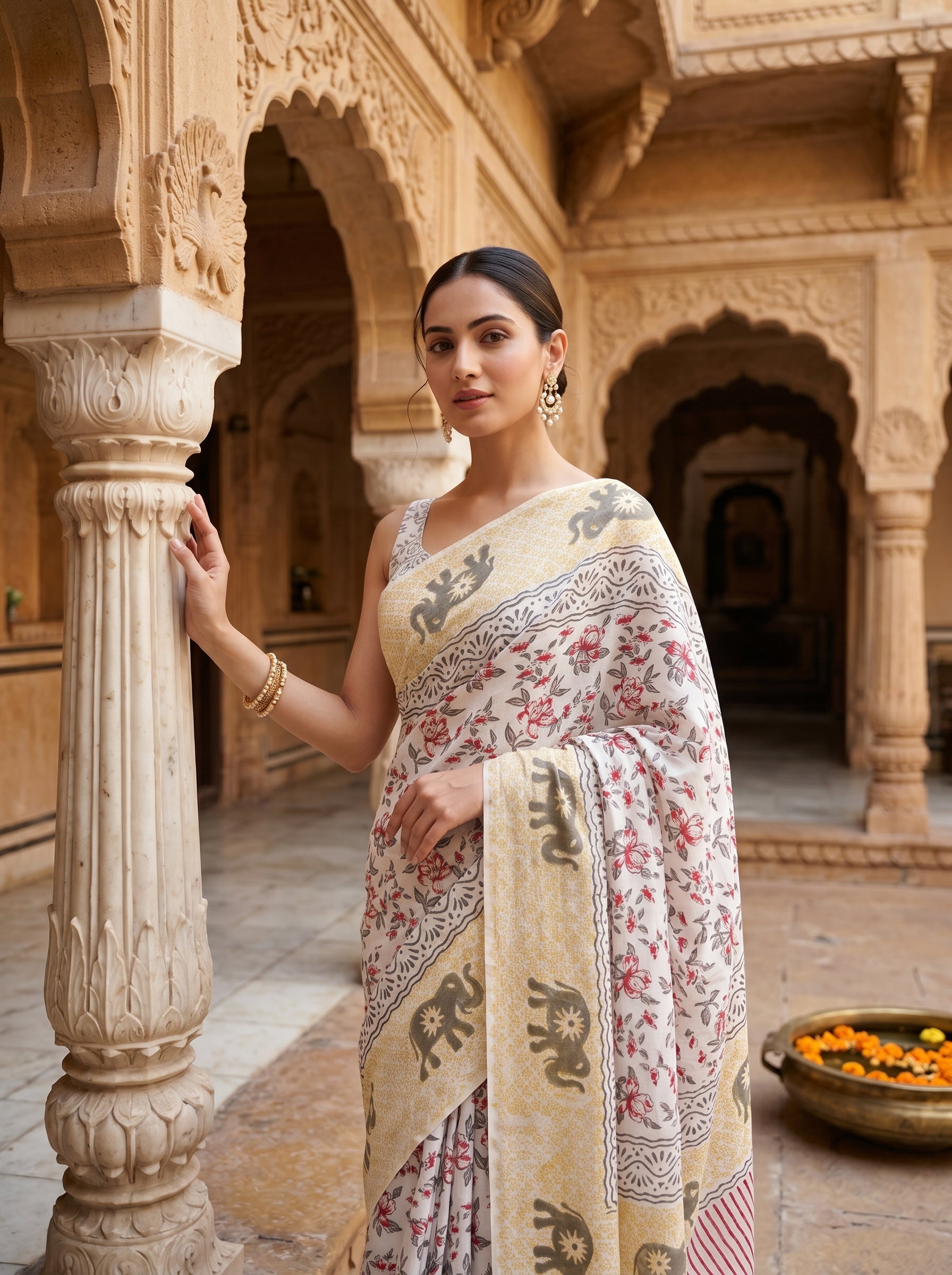 Olive Elephant Mul Cotton Ready To Wear Pocket Saree