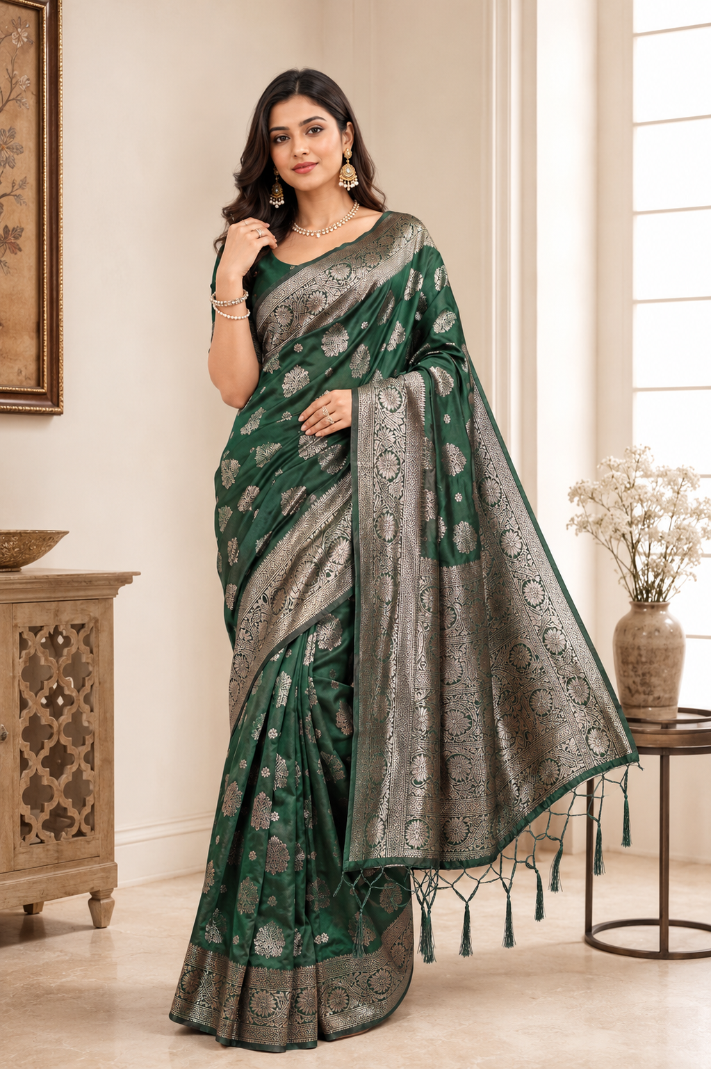 Silkspell Dark Green Ready To Wear Pocket Saree