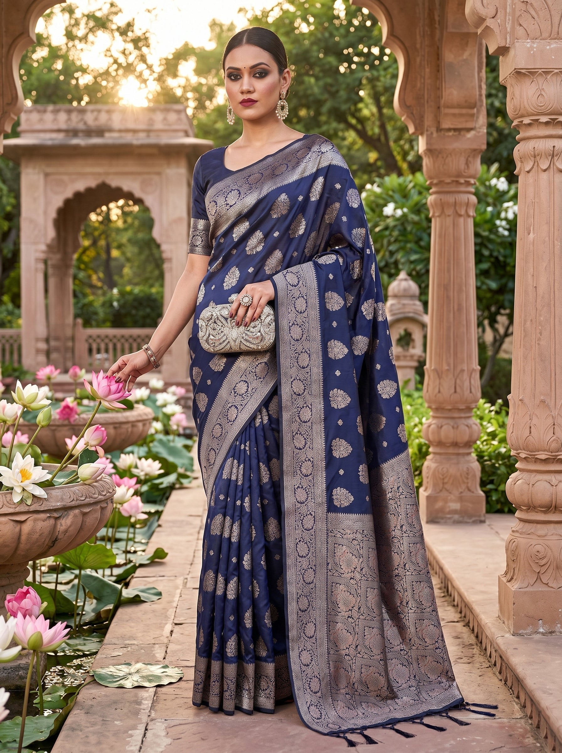 Silkspell Navy Blue Ready To Wear Pocket Saree