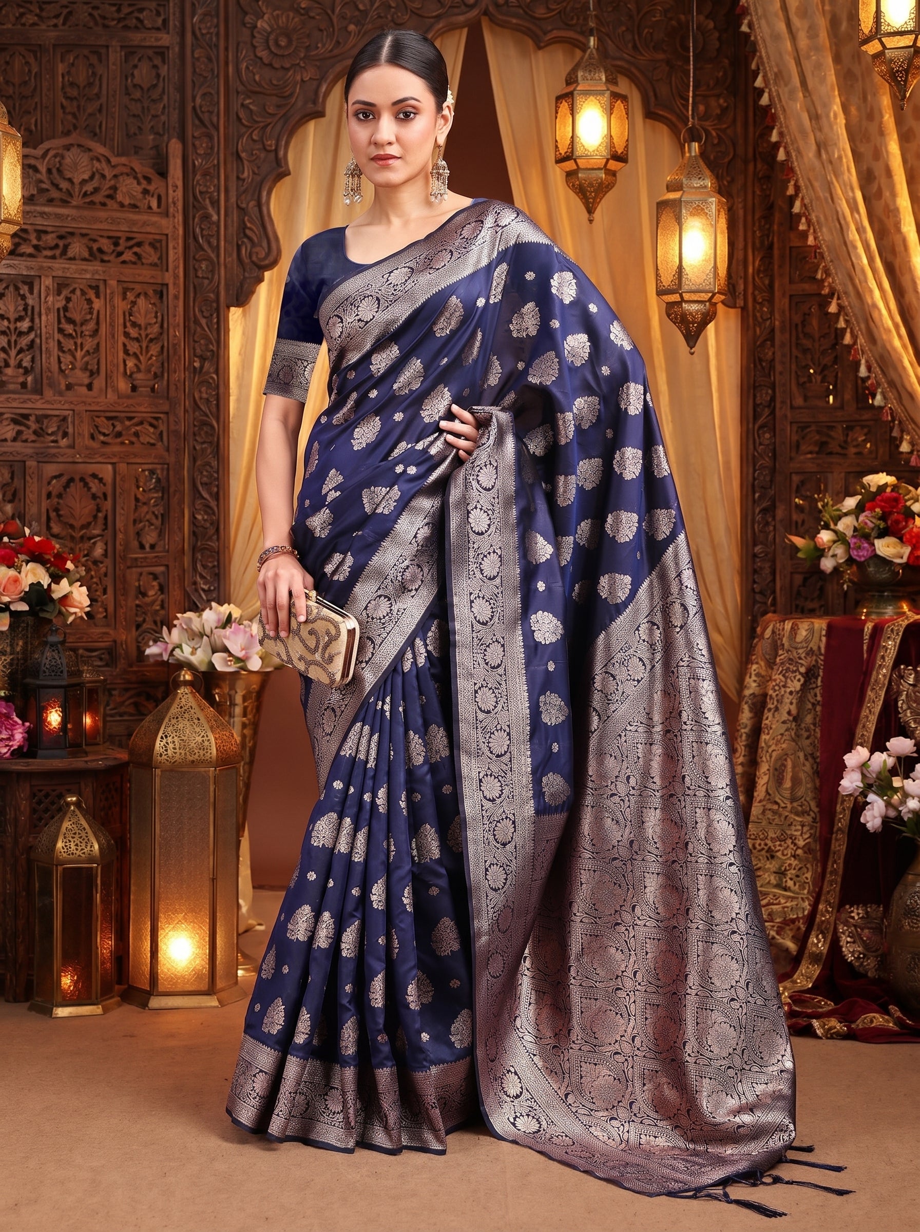 Silkspell Navy Blue Ready To Wear Pocket Saree