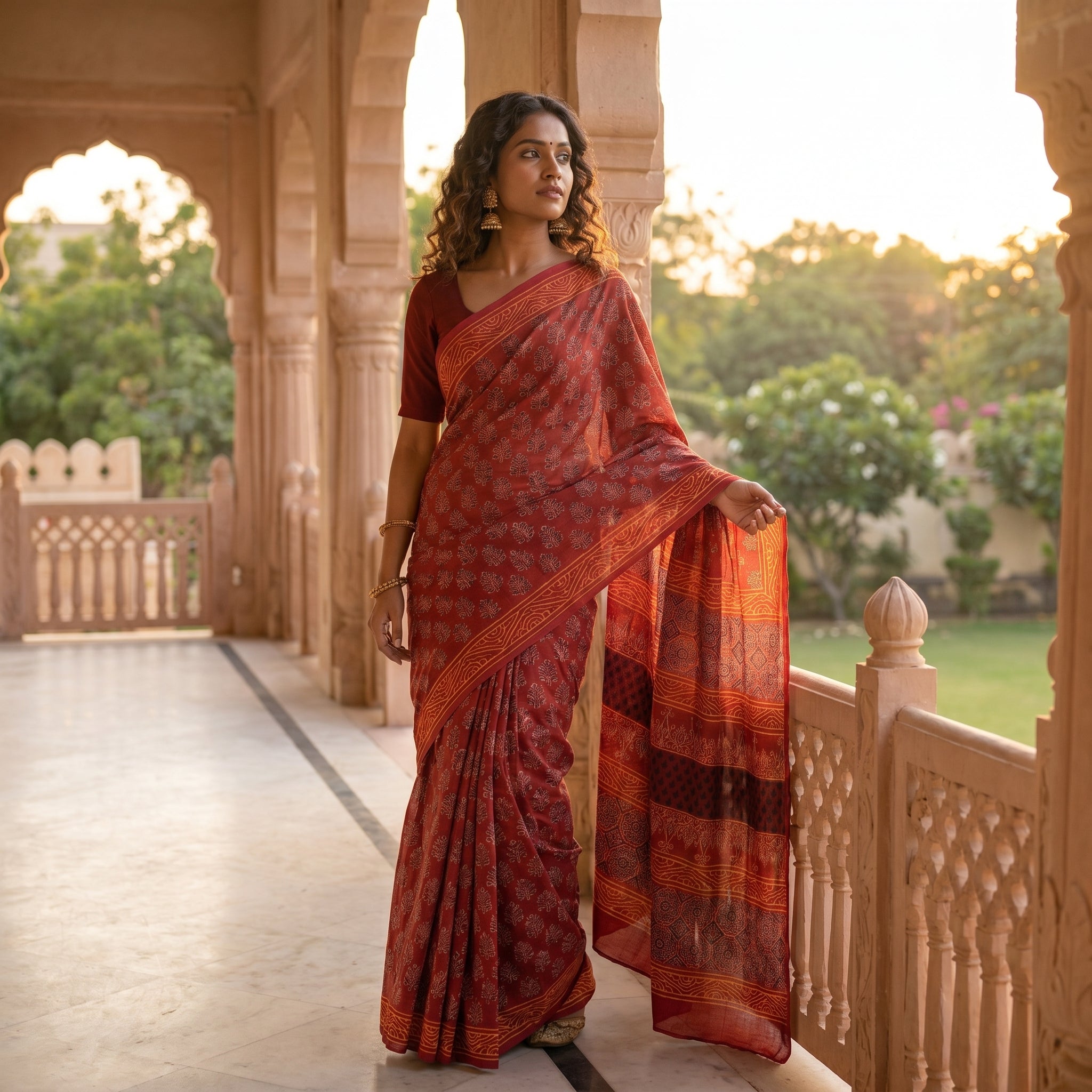 Rhubarb Red Hand Block Print Ready-to-Wear Pocket Saree