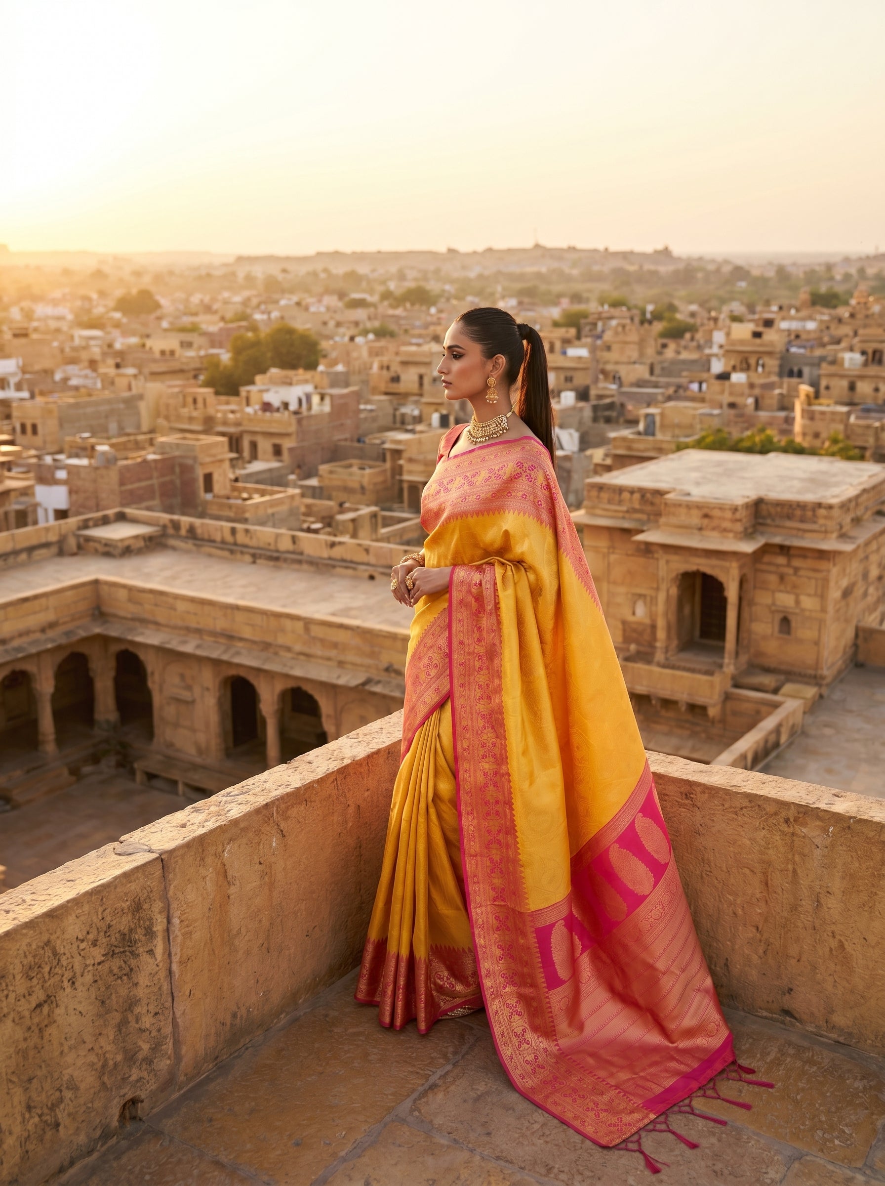 Sunlit Grace Banarasi Silk Ready To Wear Pocket Saree