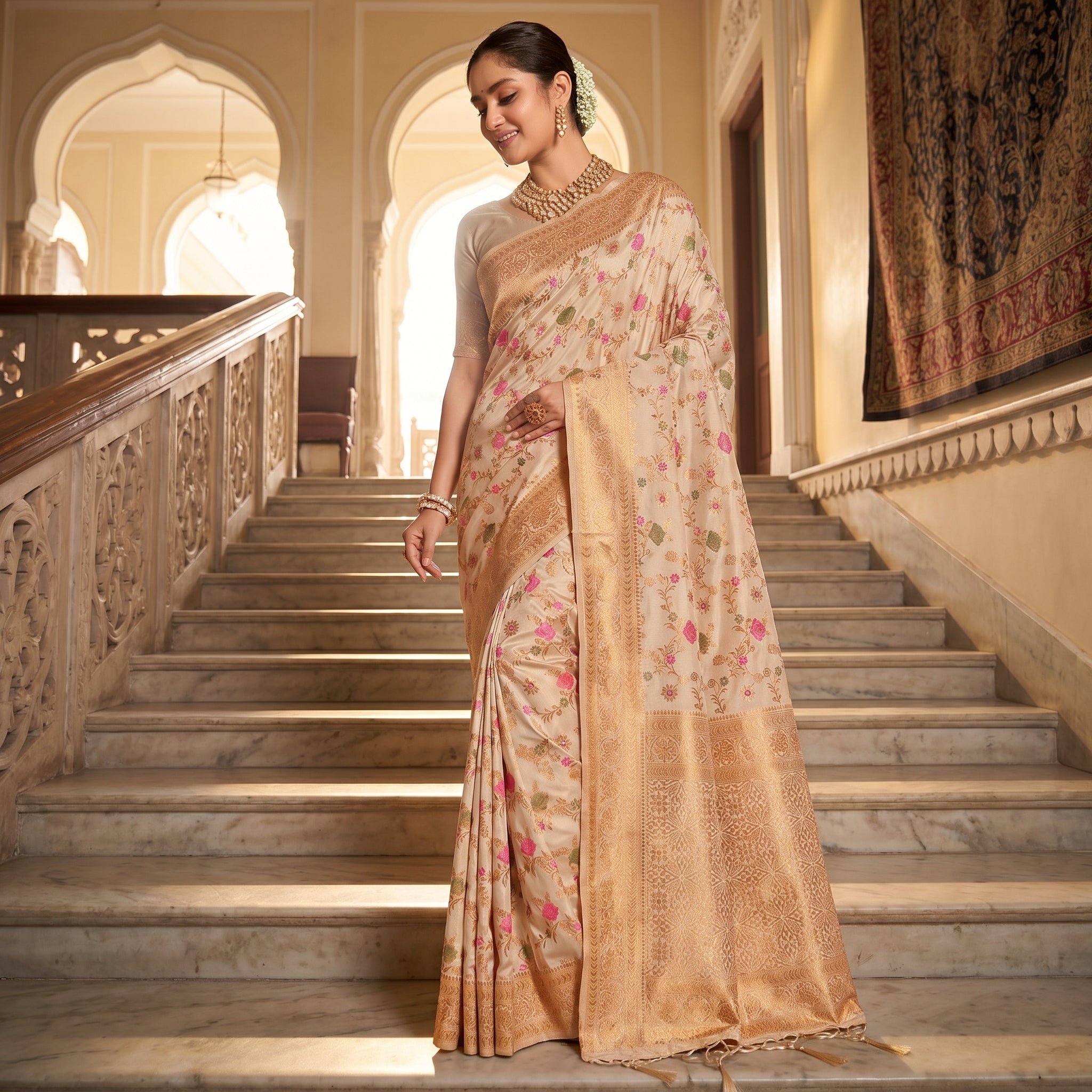 Eternal Flora Banarasi Silk (Cream) Ready To Wear Pocket Saree
