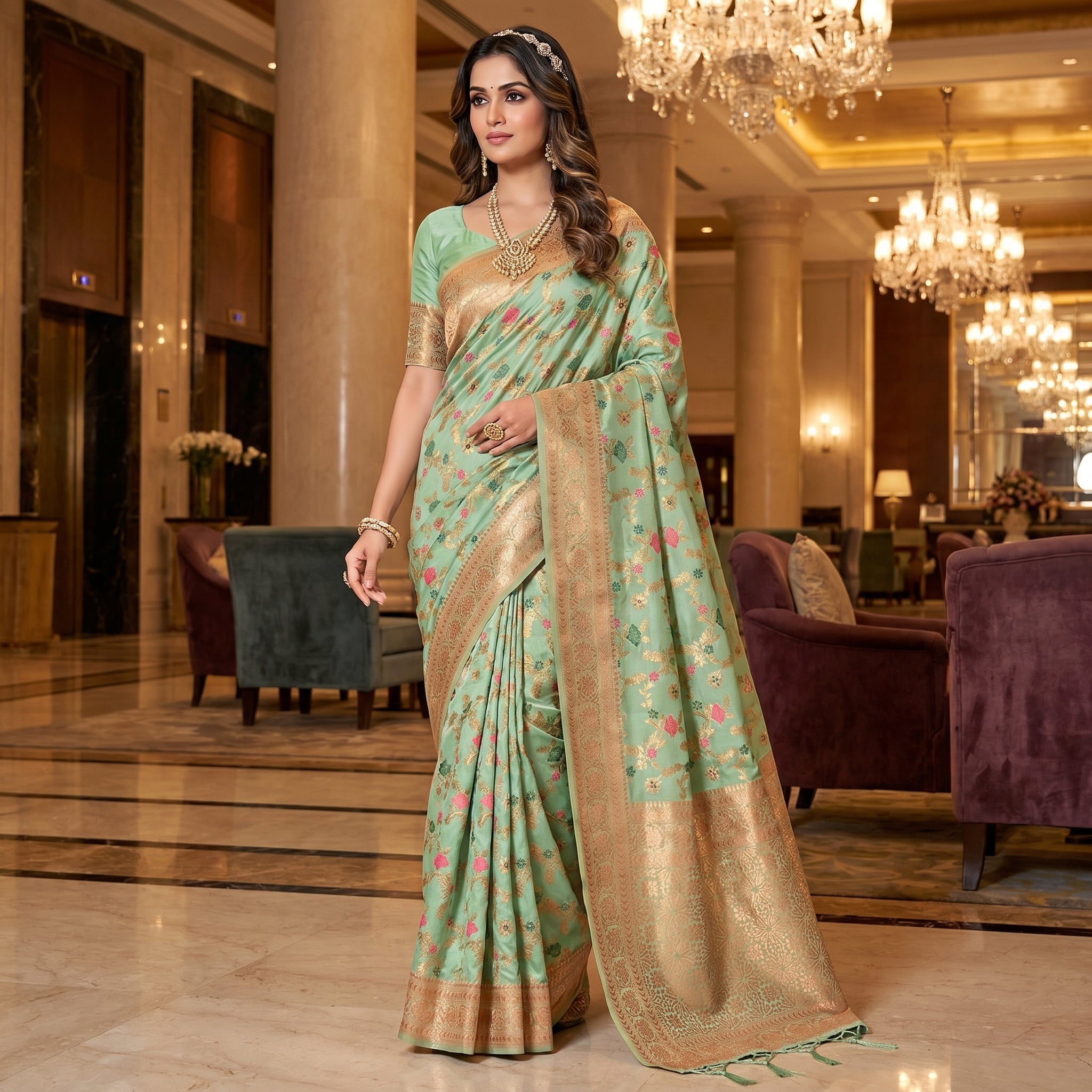 Eternal Flora Banarasi Silk (Sea Green) Ready To Wear Pocket Saree