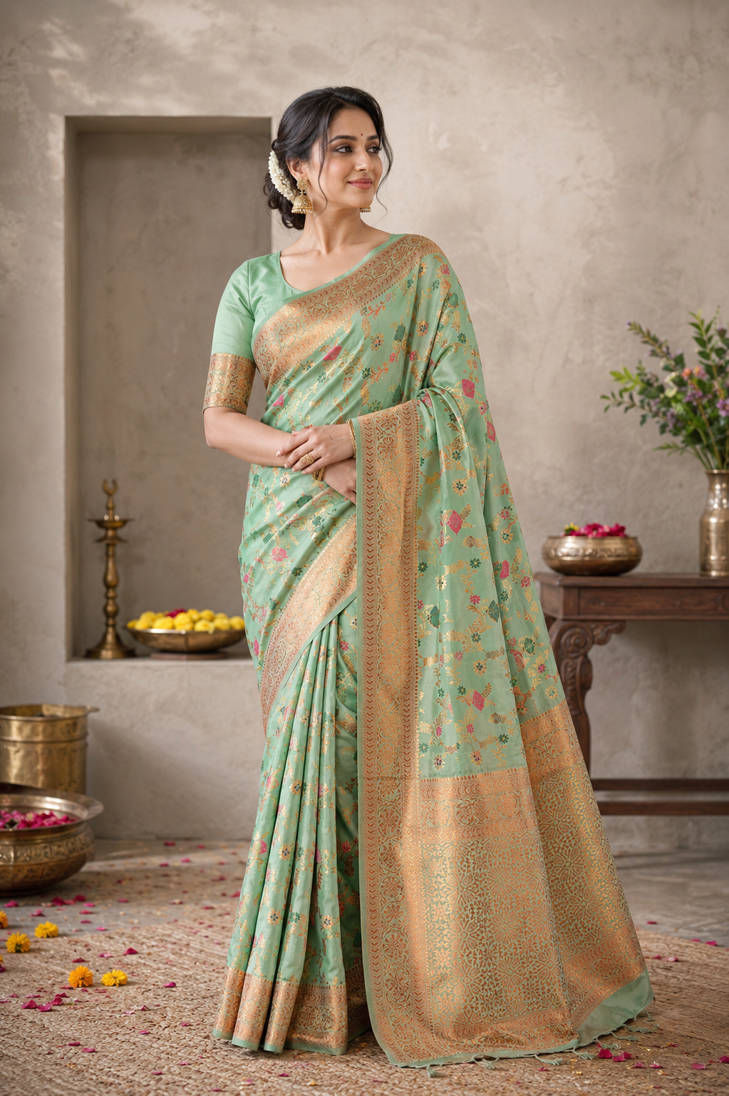 Eternal Flora Banarasi Silk (Sea Green) Ready To Wear Pocket Saree